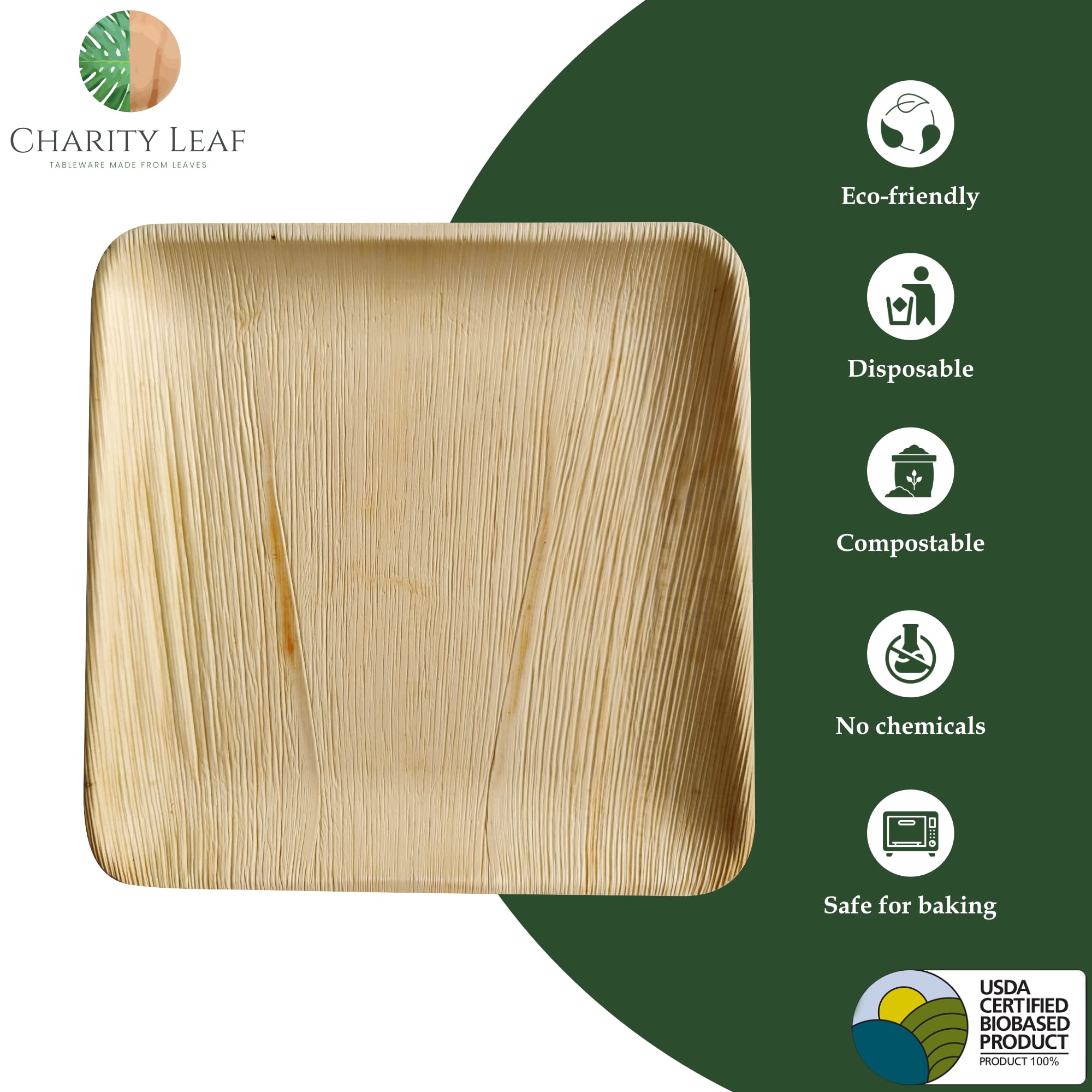 Charity Leaf Disposable Palm Leaf 11" Square Plates (25 pieces) Bamboo Like Serving Platters, Disposable Boards, Eco-Friendly Dinnerware For Weddings