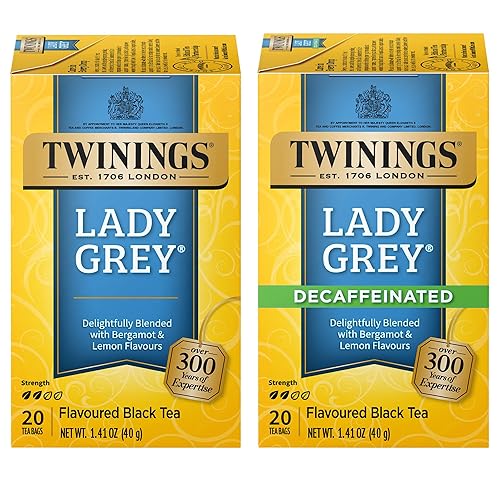 Twinings Lady Grey and Decaf Lady Grey Black Tea, 2-20 Count Packs, 40 Tea Bags, Light & Citrusy, Individually Wrapped Bags, Enjoy Hot or Iced