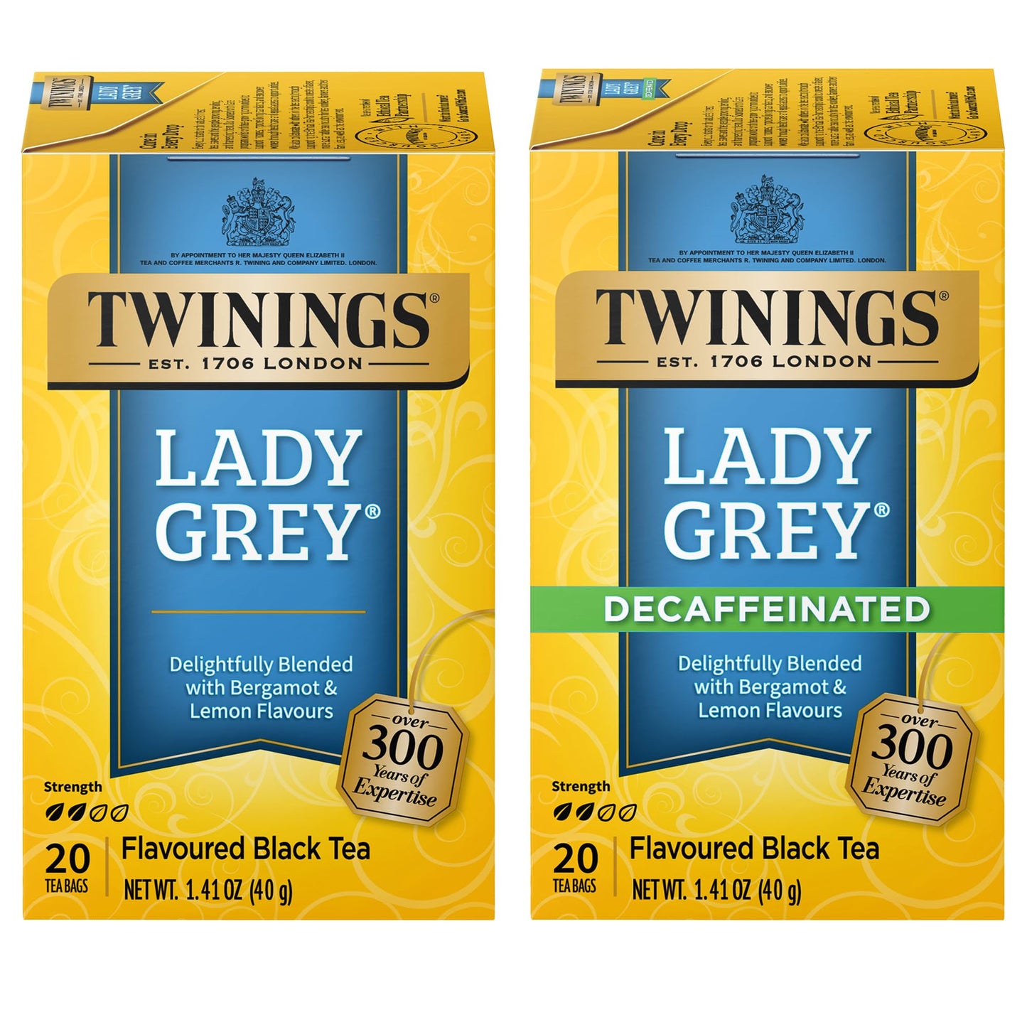 Twinings Lady Grey and Decaf Lady Grey Black Tea, 2-20 Count Packs, 40 Tea Bags, Light & Citrusy, Individually Wrapped Bags, Enjoy Hot or Iced
