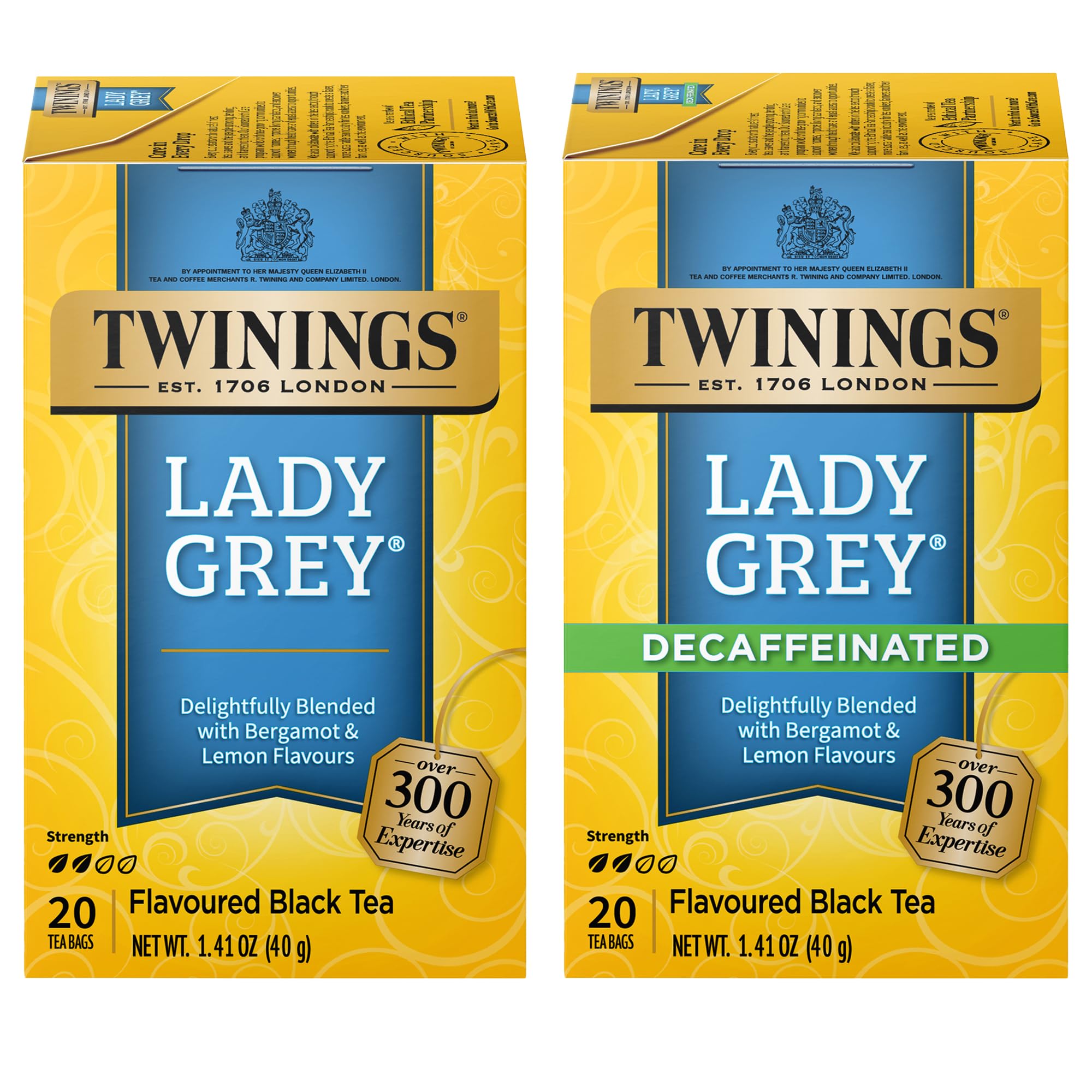 Twinings Lady Grey and Decaf Lady Grey Black Tea, 2-20 Count Packs, 40 Tea Bags, Light & Citrusy, Individually Wrapped Bags, Enjoy Hot or Iced