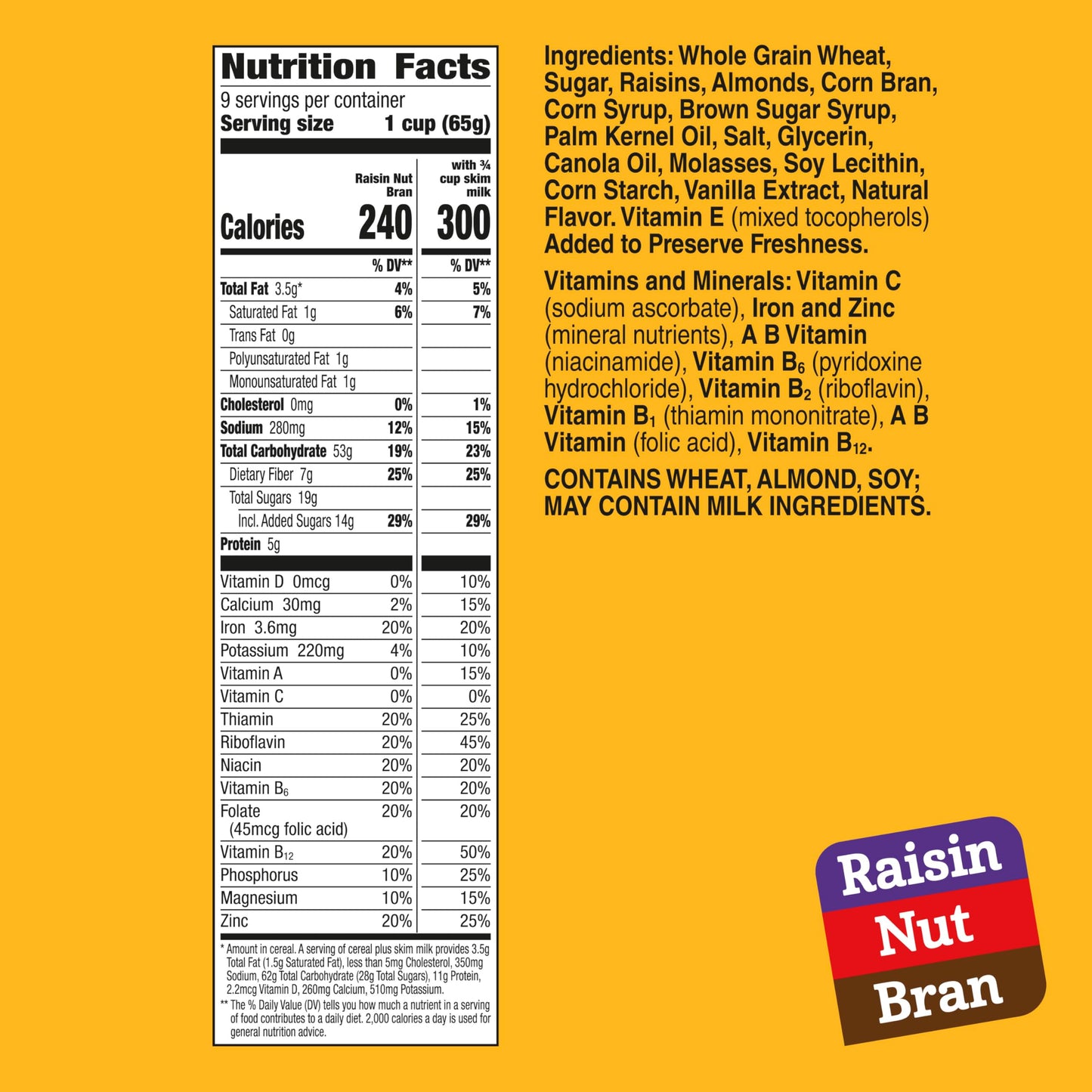 Raisin Nut Bran Cereal, High Fiber Cereal, Made with Whole Grain, 20.8 oz
