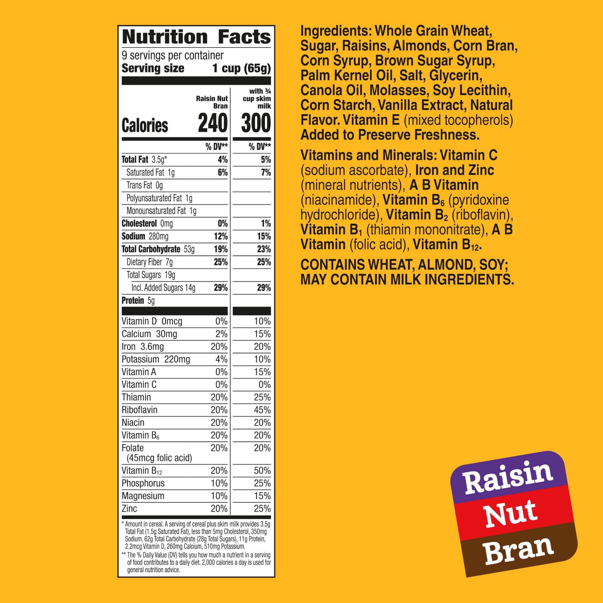 Raisin Nut Bran Cereal, High Fiber Cereal, Made with Whole Grain, 20.8 oz