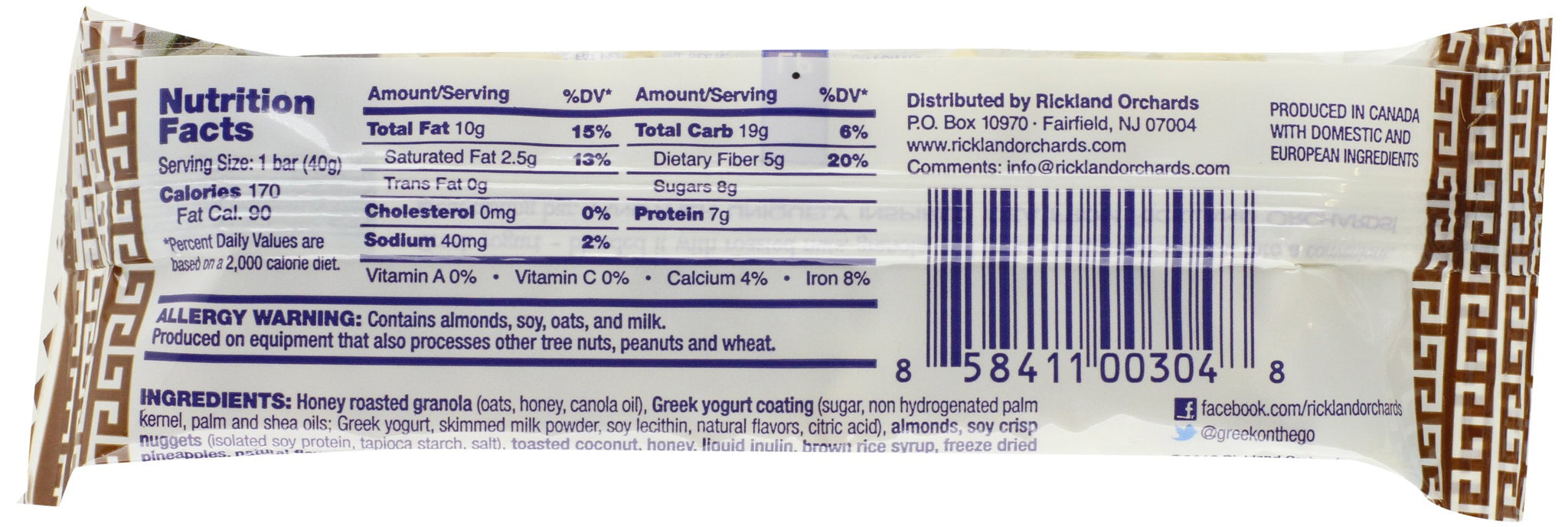 Rickland Orchards Greek Yogurt Covered Granola Bar, Toasted Coconut, 1.4 Ounce (Pack of 12)