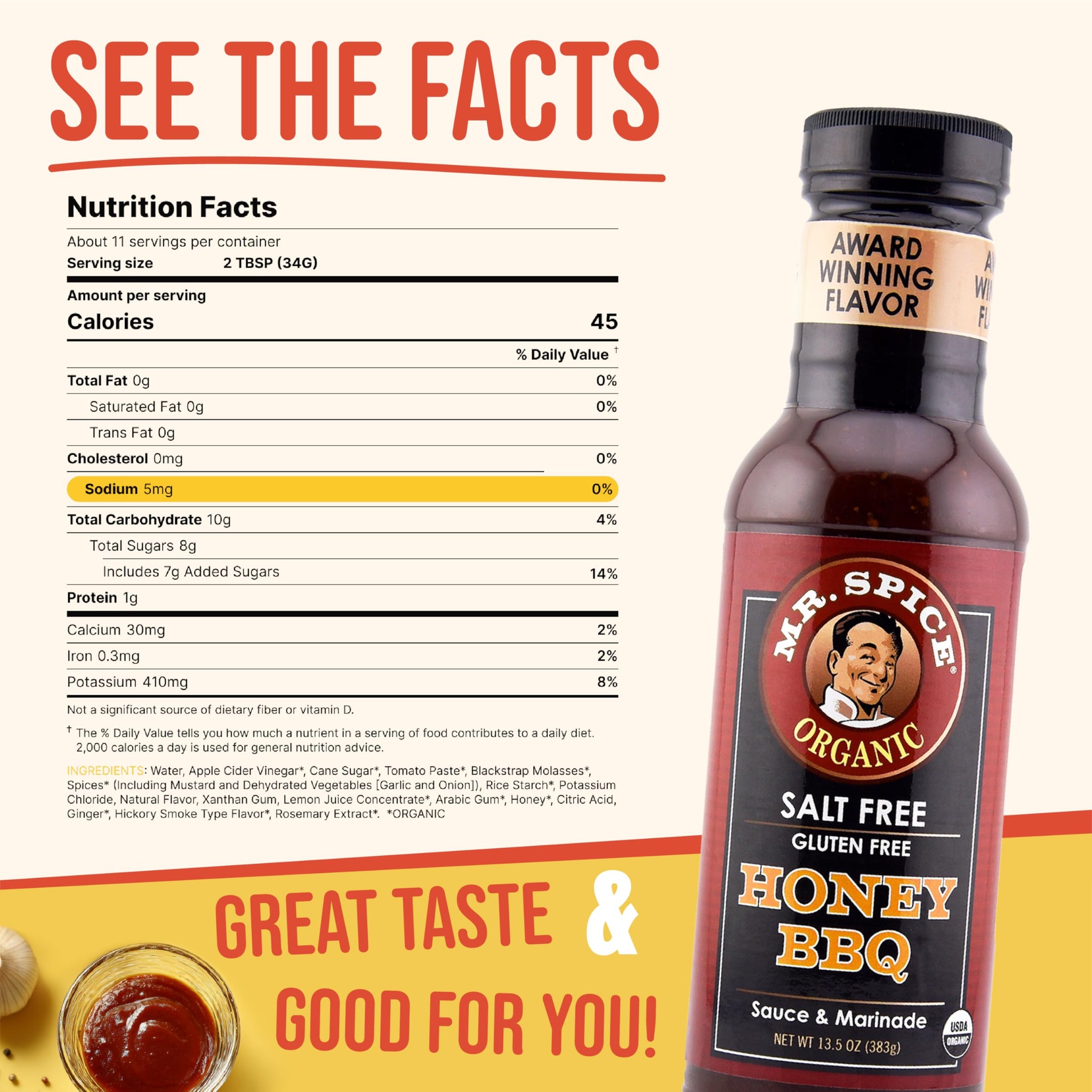 Mr. Spice Organic Honey BBQ Sauce, Salt Free BBQ Sauce (5mg/serving), Gluten Free, Low Sodium Barbecue Sauces for Marinade, Grill & Air Fryer, No Salt