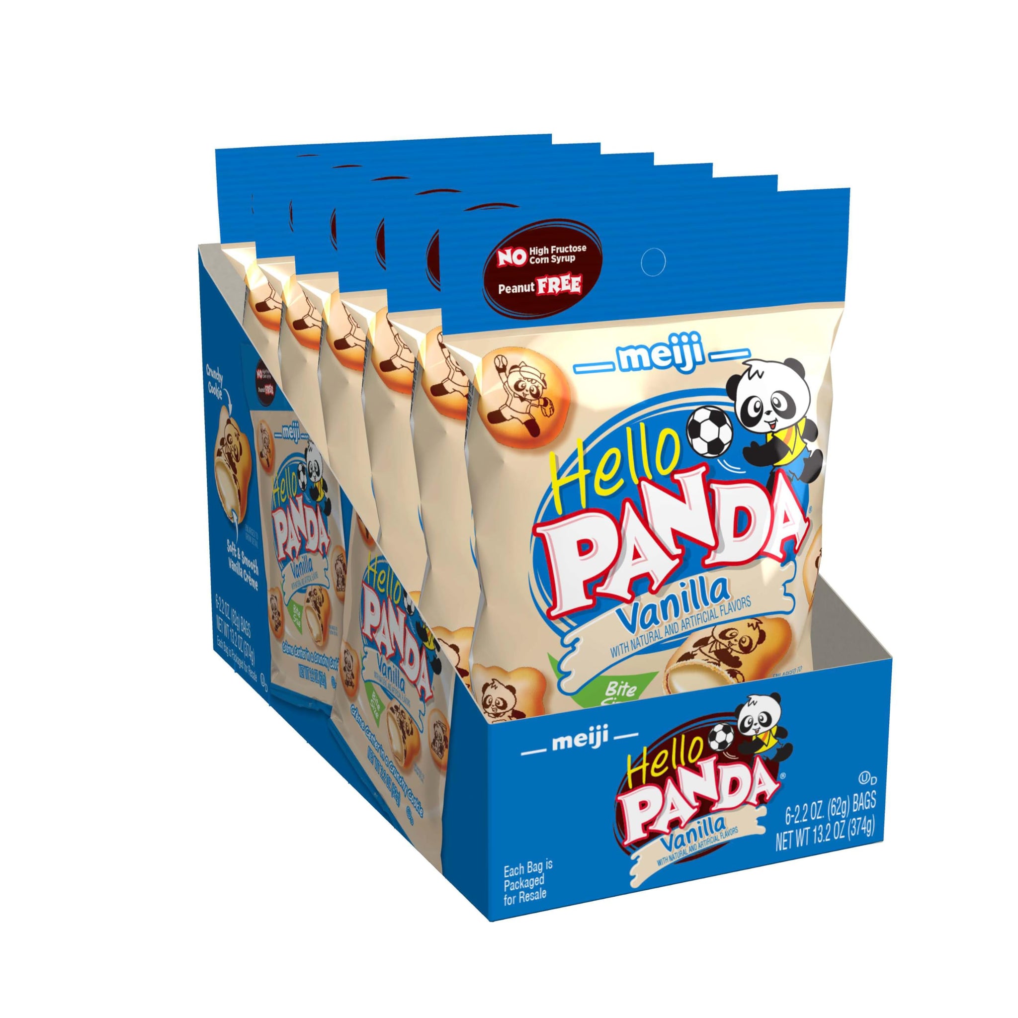 Meiji Hello Panda Cookies, Vanilla Crème Filled - 2.2 oz, Pack of 6 - Bite Sized Cookies with Fun Panda Sports