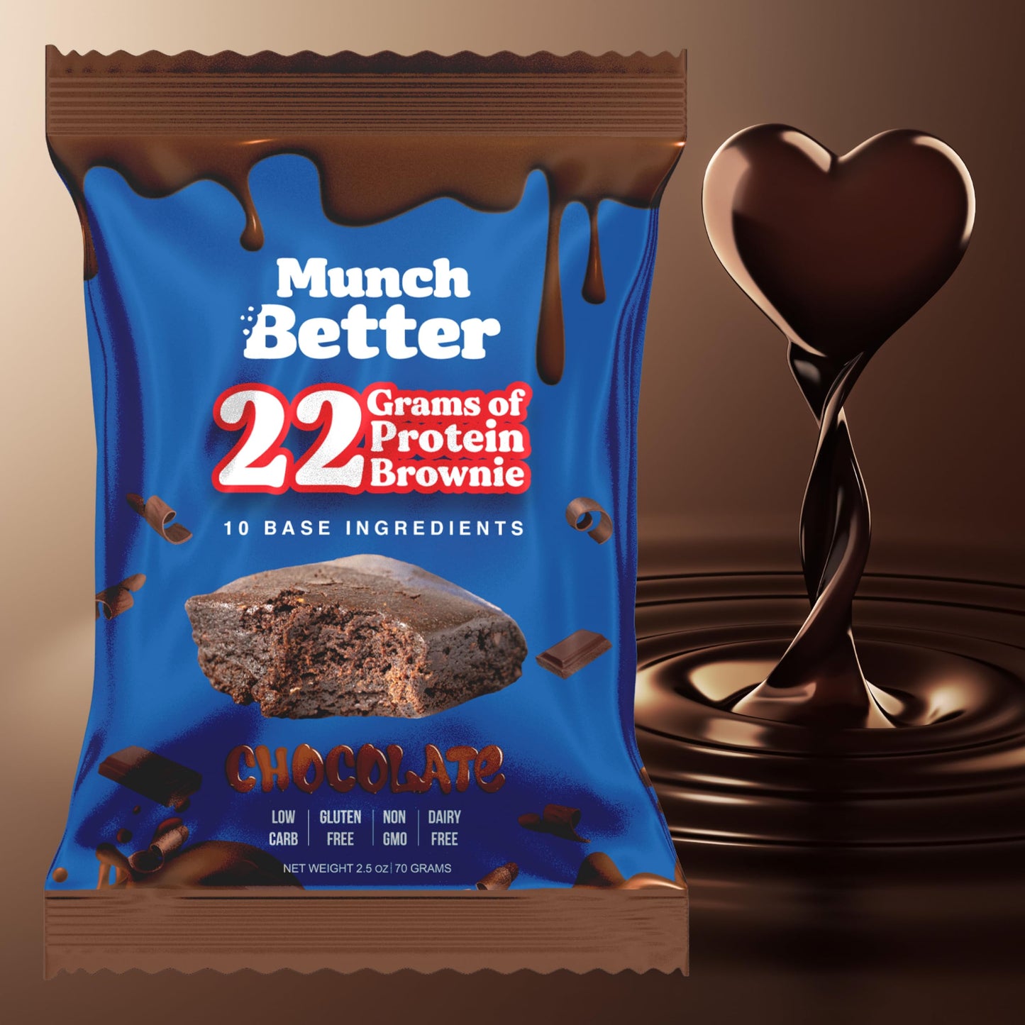 Munch Better Chocolate Protein Brownies - High Protein (25g), Dairy-Free, Gluten-Free, Low Sugar, Collagen-Infused, Clean Ingredients (8 Brownies per