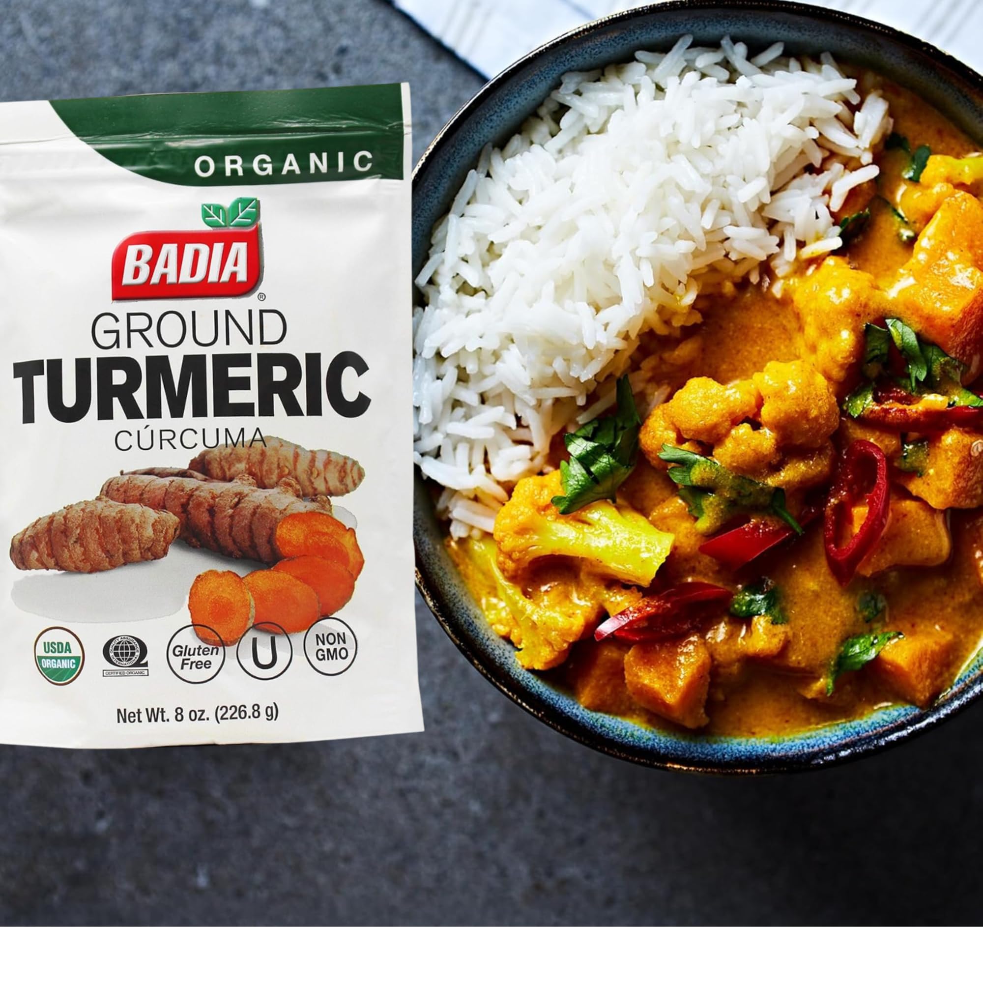 Badia Organic Turmeric Ground, 8 oz resealable bag - Premium Curcuma Seasoning for Cooking, Golden Flavor & Rich Aroma