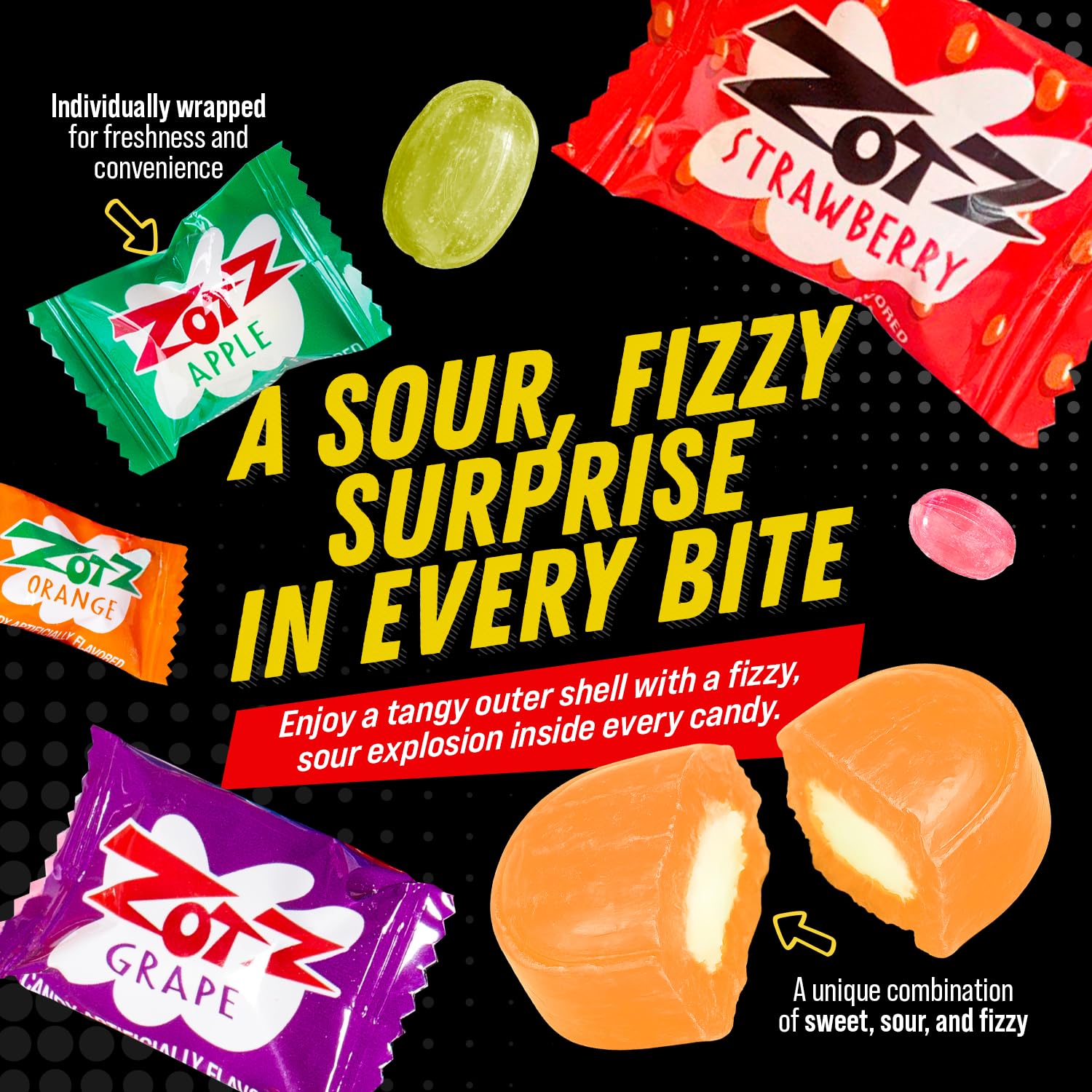 ZOTZ Fizzy Sour Candy Bulk - Retro Italian Hard Candy Individually Wrapped - Classic Nostalgic 7 Assorted Flavors Cherry, Watermelon, Strawberry, Blue