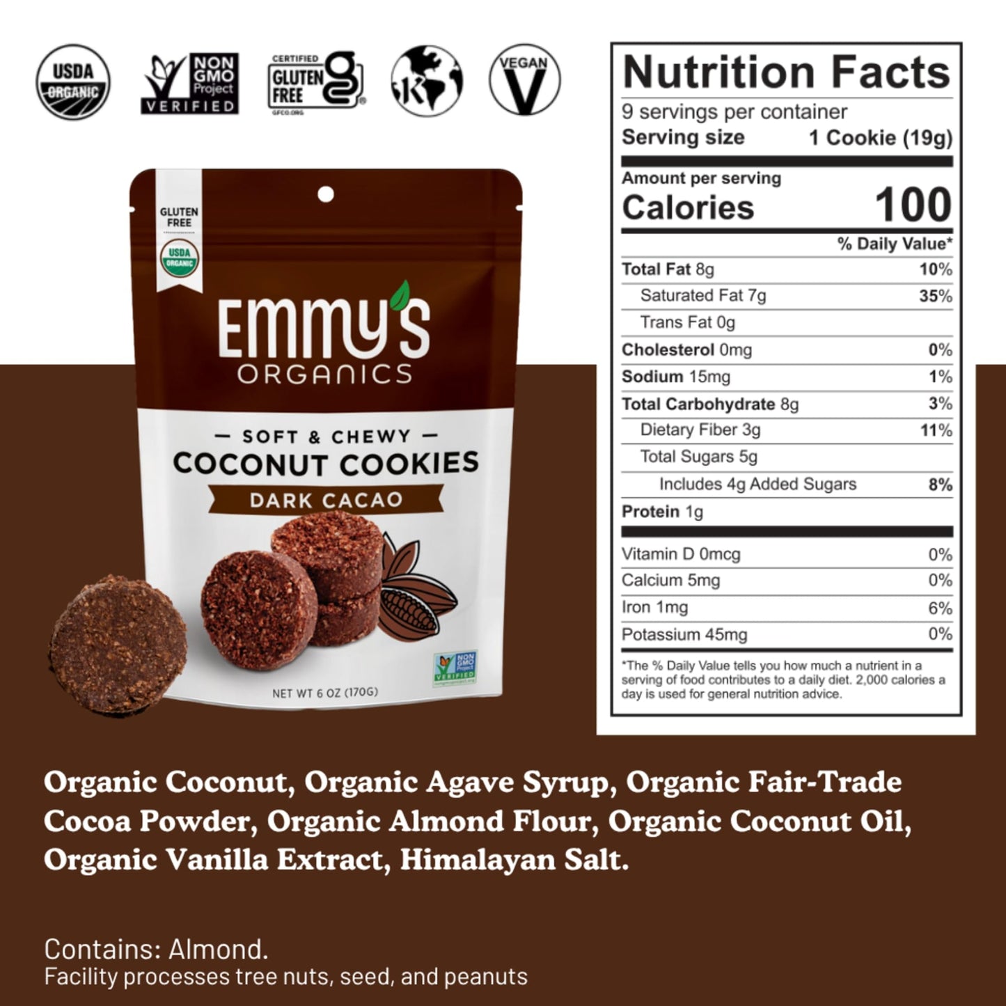 Emmy's Organics Dark Cacao Coconut Cookies (Pack of 2) | Gluten-Free, Organic, Vegan, Paleo-Friendly