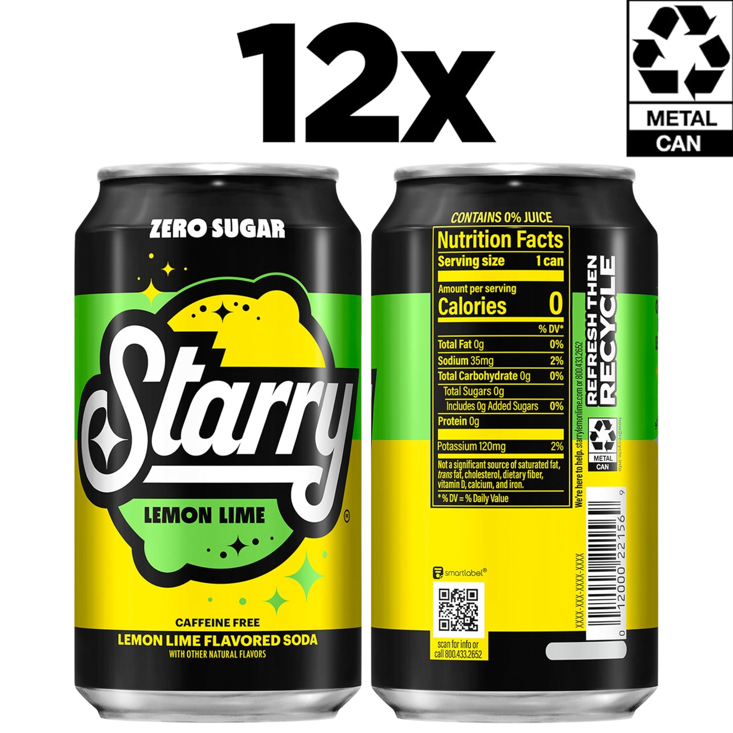 Starry Zero Sugar Lemon Lime Soda, 12 Fl Oz Cans (Pack of 12)