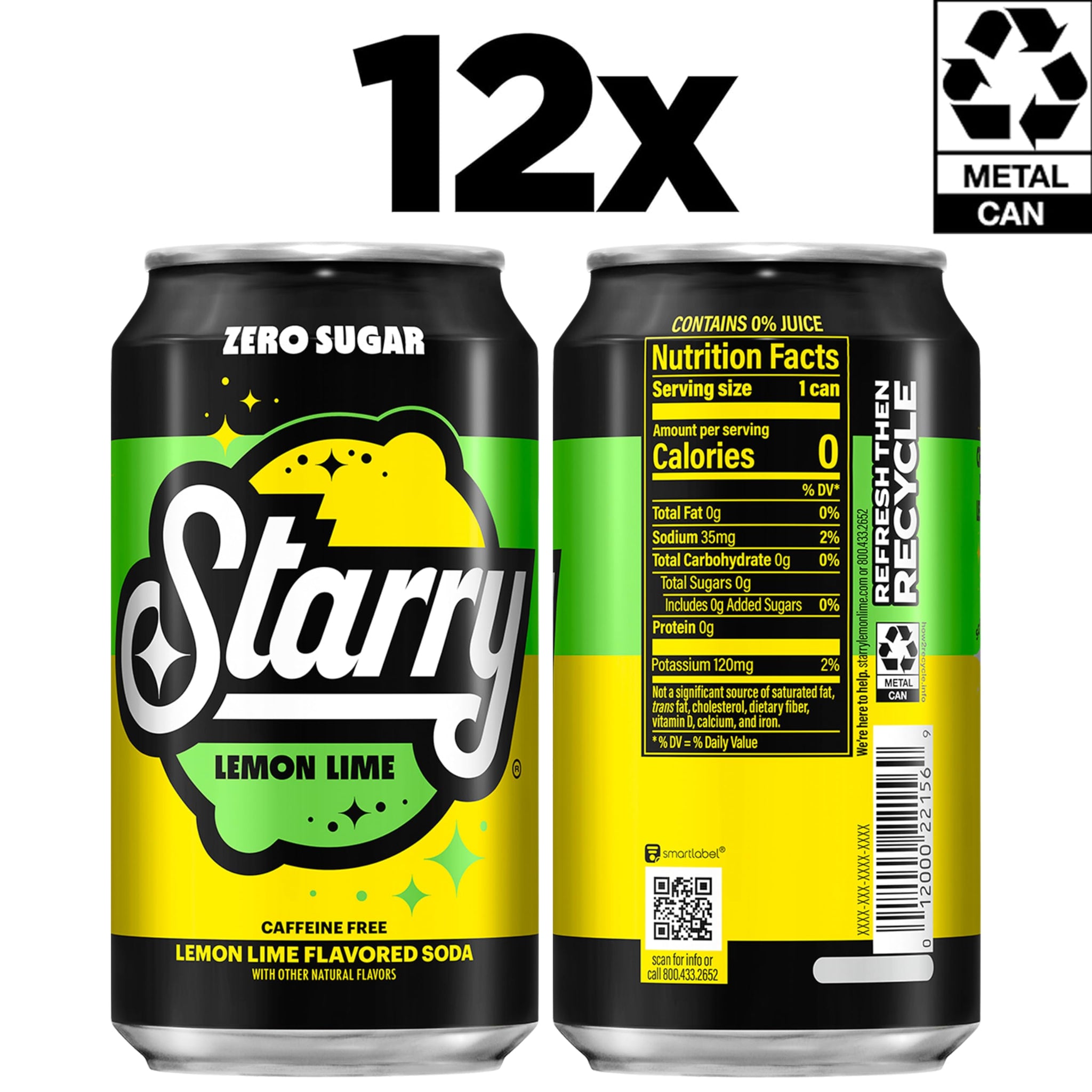 Starry Zero Sugar Lemon Lime Soda, 12 Fl Oz Cans (Pack of 12)