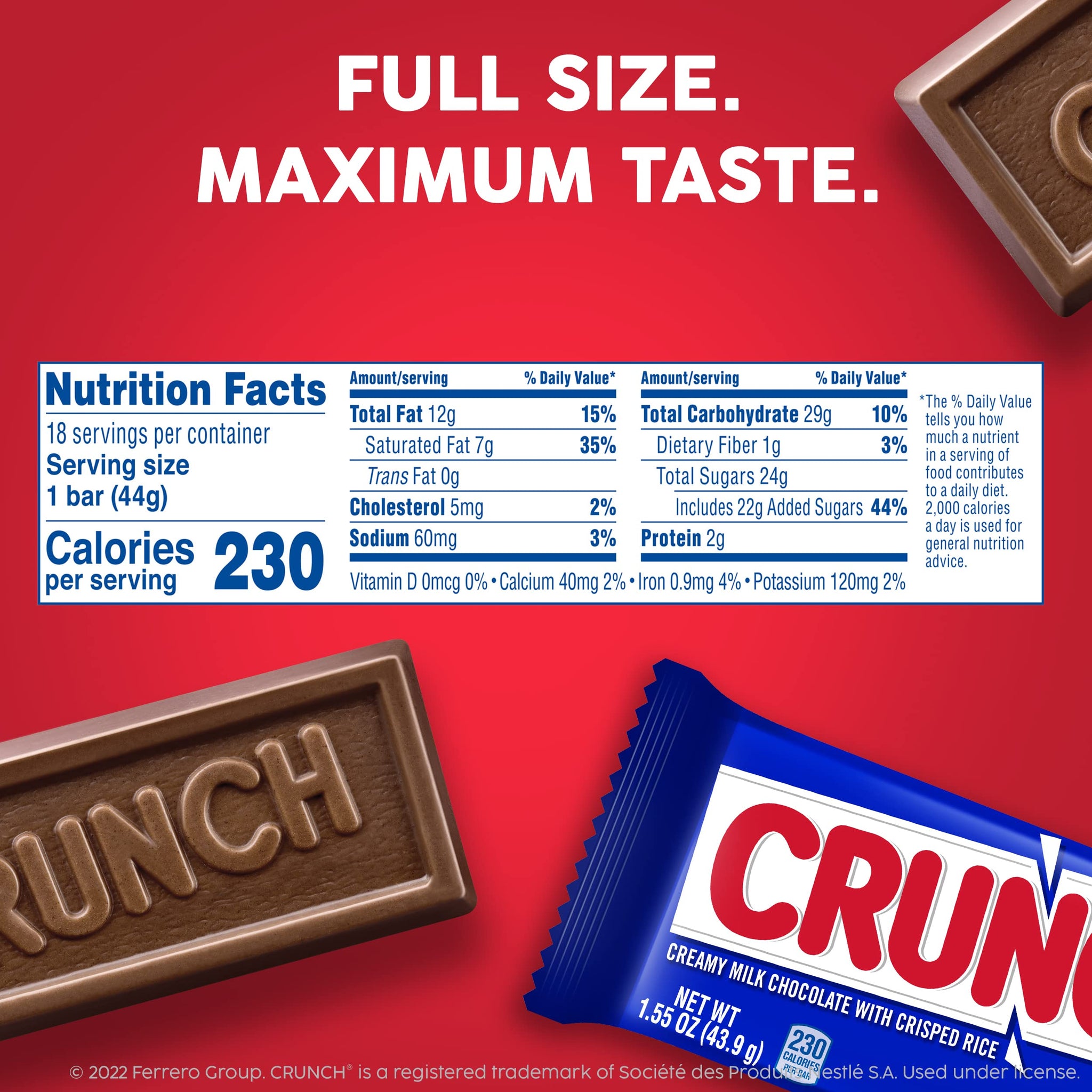 CRUNCH Full-Size Candy Bar, Creamy Milk Chocolate with Crunchy Crisped Rice, Single Bar, 1.55 oz