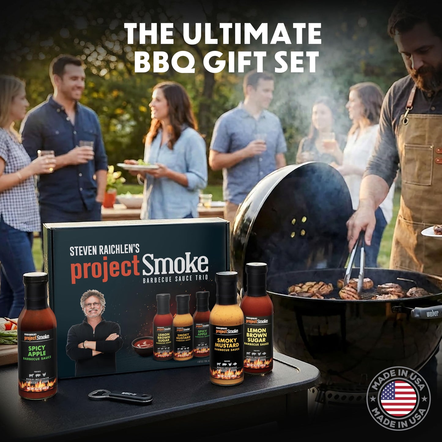 Steven Raichlen's Project Smoke BBQ Sauce Gift Set - 3 Pack Gourmet Barbecue Variety (Spicy Apple, Smoky Mustard, Lemon Brown Sugar) - Premium