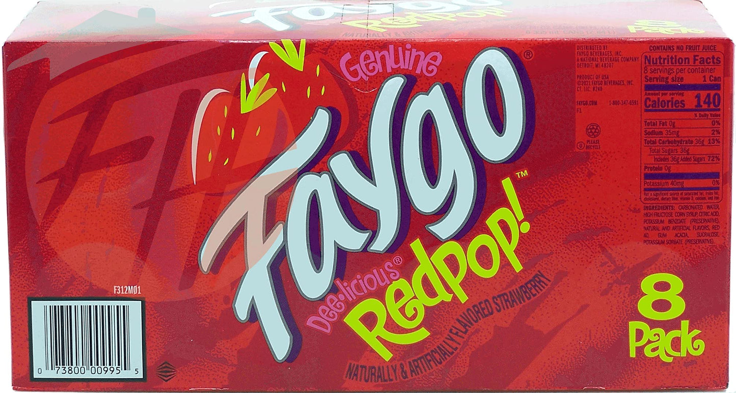 Faygo Redpop! strawberry flavored soda pop. 8-pack 12-fl. oz. cans in box (6)
