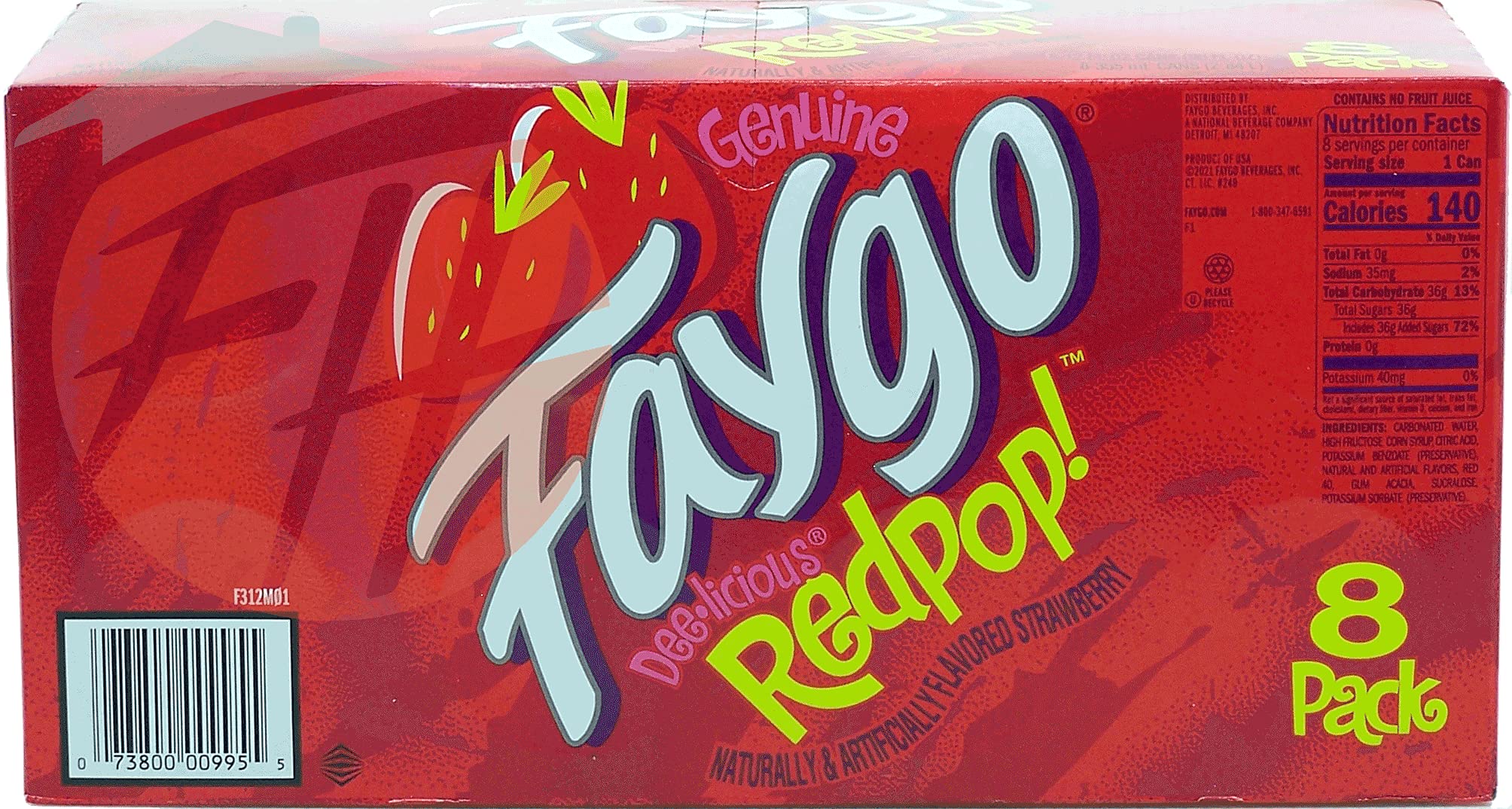 Faygo Redpop! strawberry flavored soda pop. 8-pack 12-fl. oz. cans in box (6)