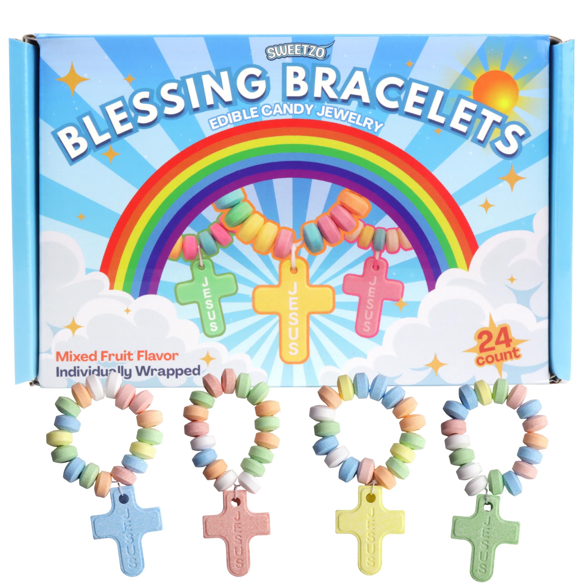 Cross Shaped Candy Bracelets, Individually Wrapped Edible Jewelry Treats, VBS or Sunday School Snacks, 24 Count, 10.16 Ounces