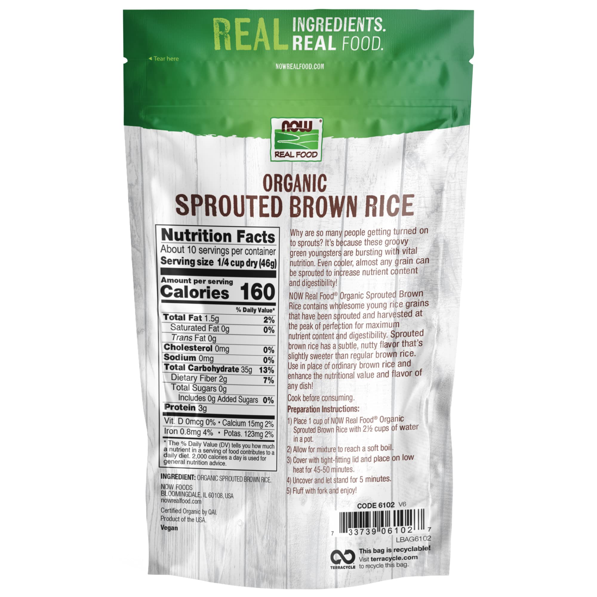 NOW Foods, Organic Sprouted Brown Rice, Raw, Gluten-Free and Whole Grain, 16-Ounce (Packaging May Vary)