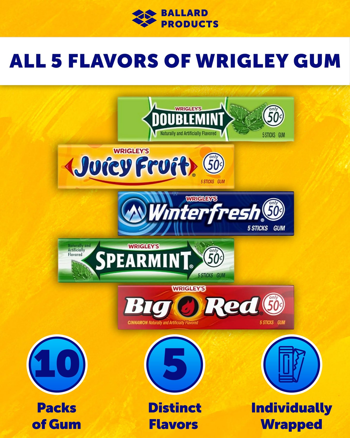Wrigley Chewing Gum Variety Pack of 10 - All 5 Flavors of Wrigley Gum - Juicy Fruit, Spearmint, Doublemint, Winter Fresh, and Big Red - Bundle
