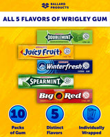 Wrigley Chewing Gum Variety Pack of 10 - All 5 Flavors of Wrigley Gum - Juicy Fruit, Spearmint, Doublemint, Winter Fresh, and Big Red - Bundle