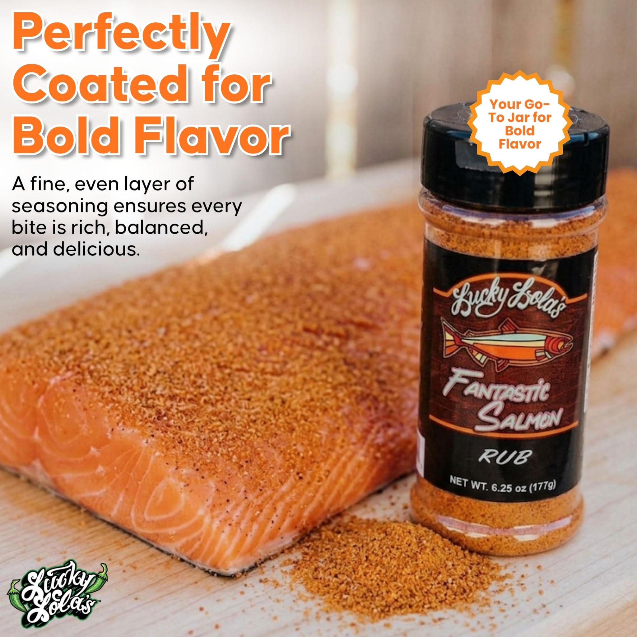 Lucky Lola's Fantastic Salmon Rub - Gourmet All-Natural Dry Rub | Perfect Salmon Seasoning for Grilling, Baking, Smoking, Pan Searing & Air Frying |