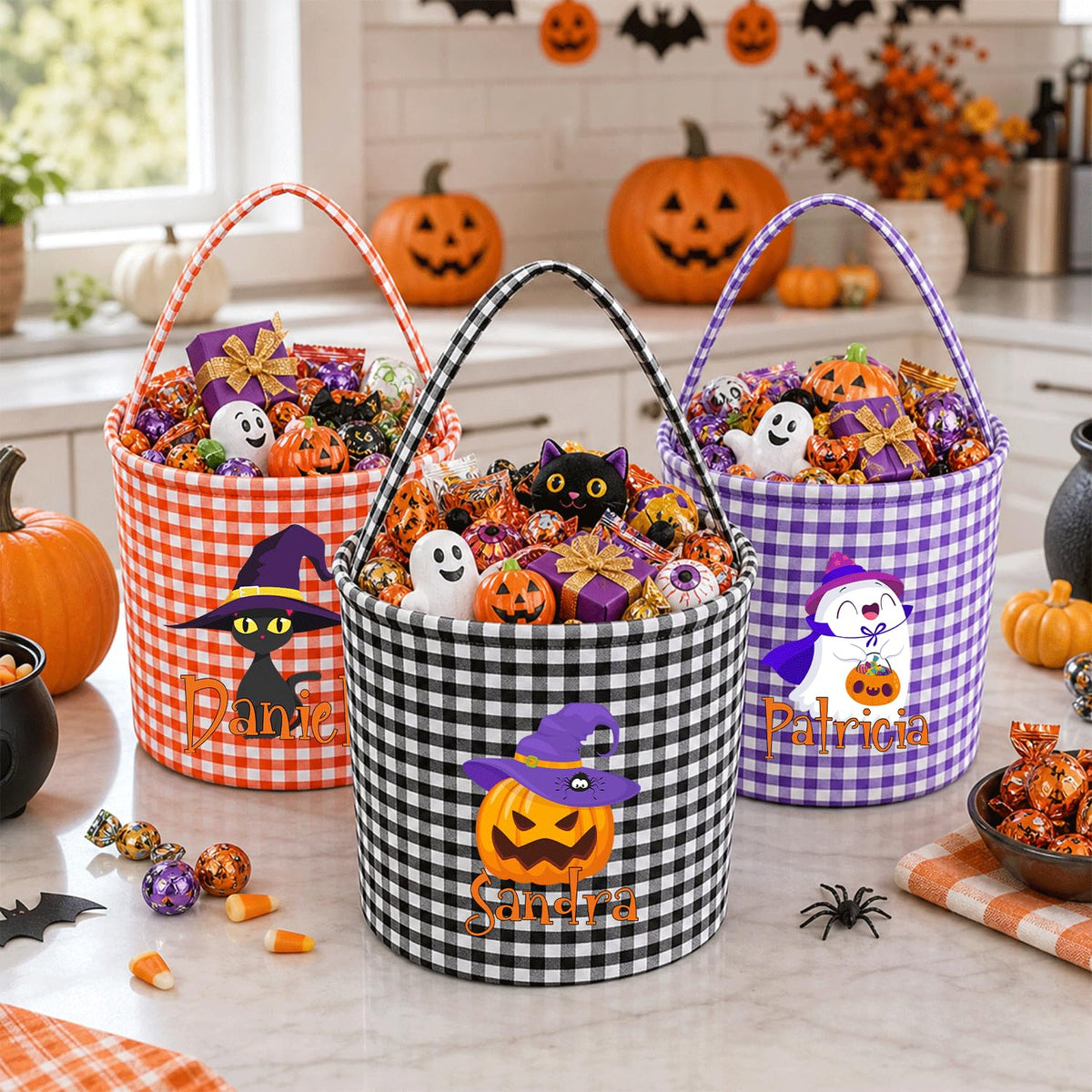 Magic Lunar Personalized Halloween Trick or Treat Bag with Name, Custom Candy Basket, Costume Ghost Bat Pumpkin Bucket, Gift Goodie Bags for Kids