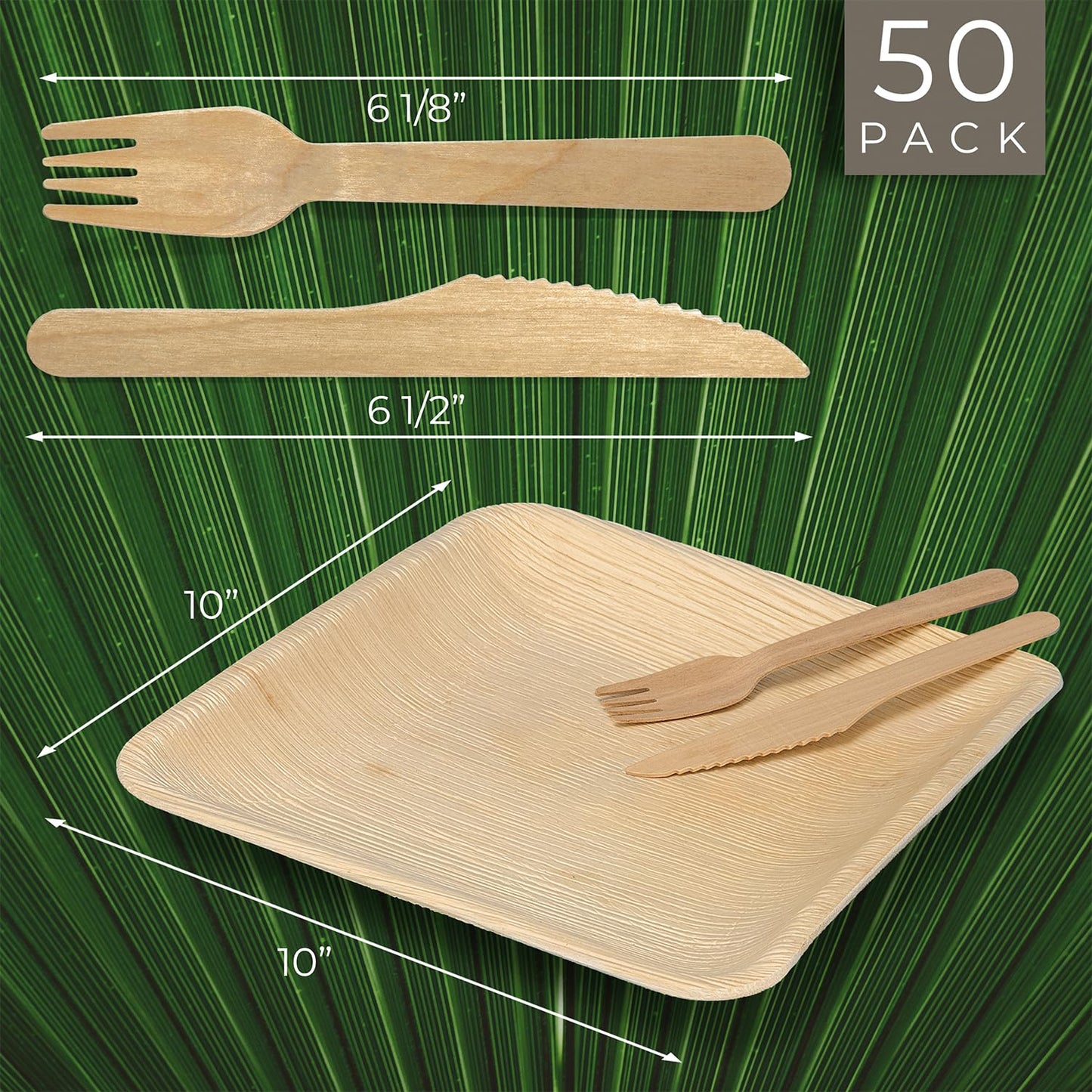 Compostable Square Palm Leaf Plates 10 Inch with Forks & Knives (50 Each) - Like Bamboo Plates, Disposable Party Plates, Biodegradable, Eco-Friendly