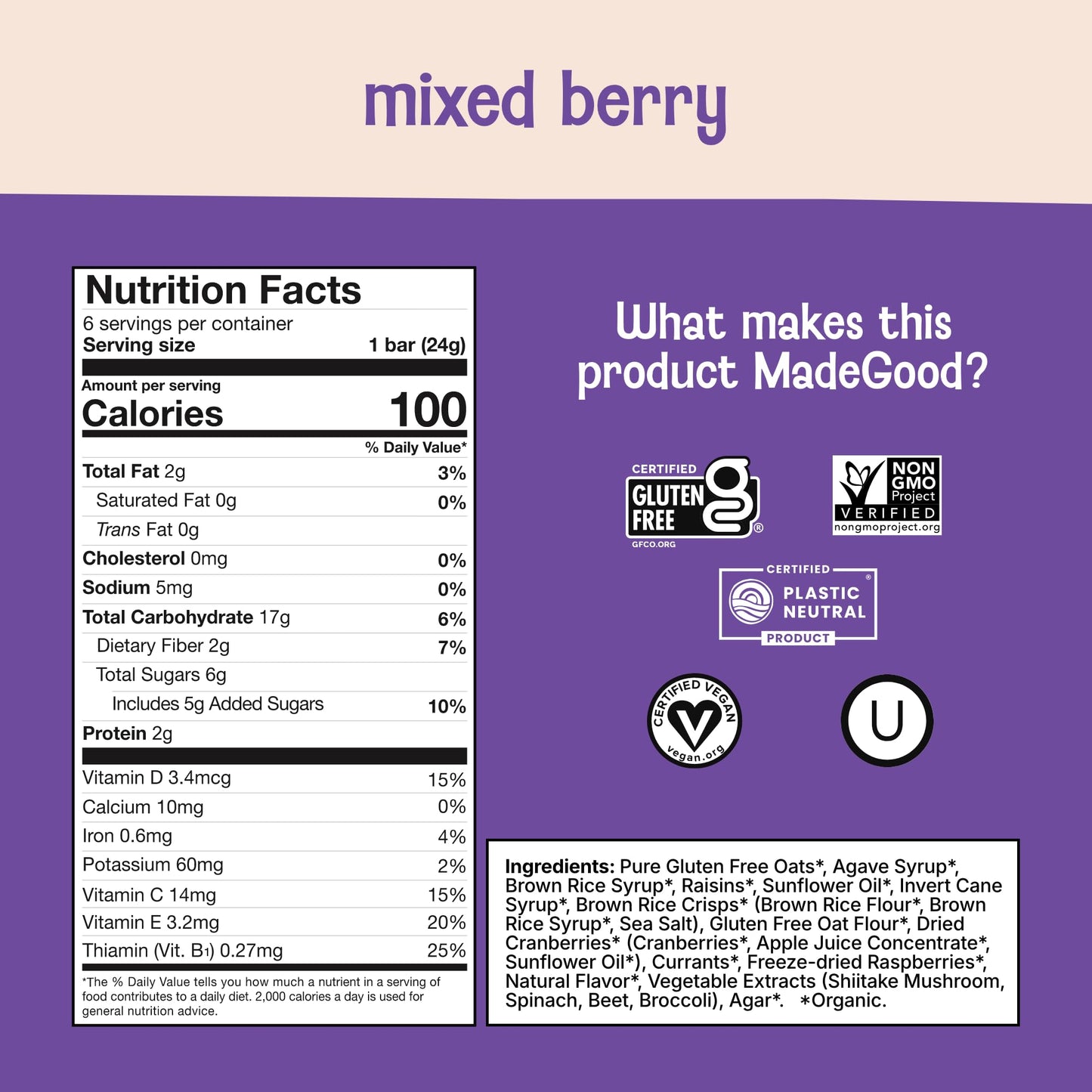 MadeGood Granola Mixed Berry Bars, 6ct, 5.09 oz.