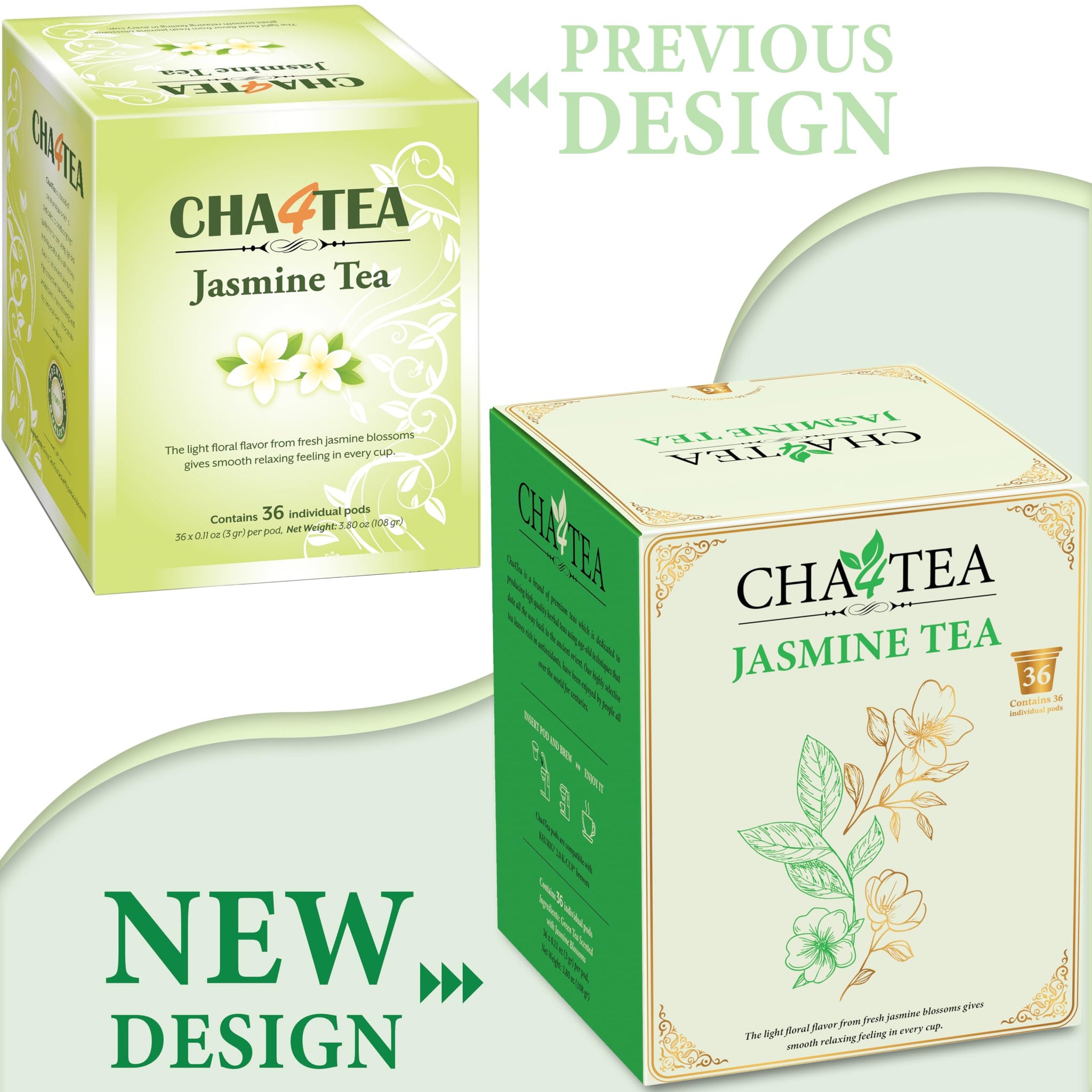 Cha4TEA 36-Count Jasmine Green Tea Pods Compatible with Keurig K-Cups Brewers