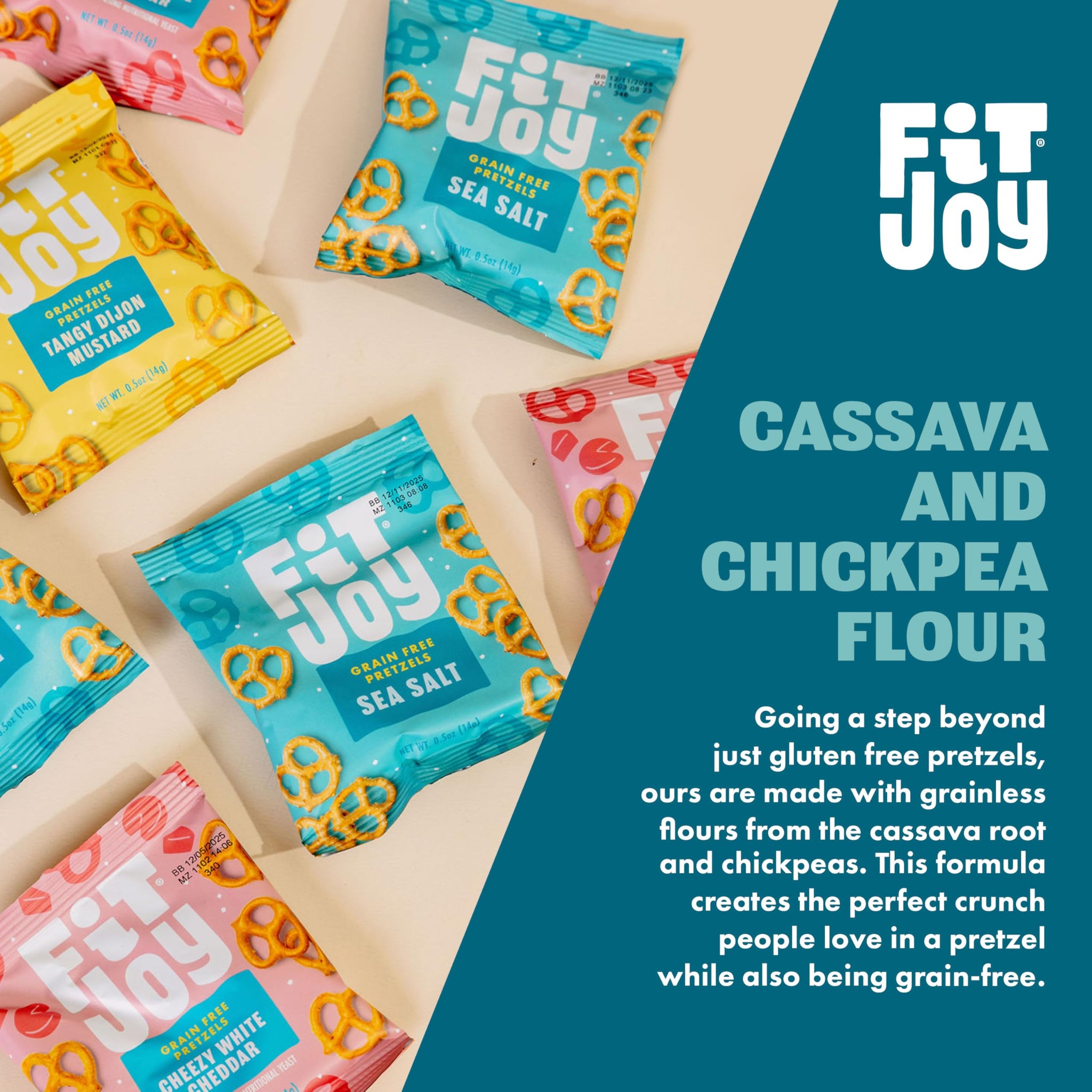 FitJoy Pretzel Variety Pack of 24 (0.5 Oz) - Tangy Dijon Mustard, Sea Salt, Cheezy White Cheddar Pretzel Twists - Dairy, Nut & Gluten Free Pretzels