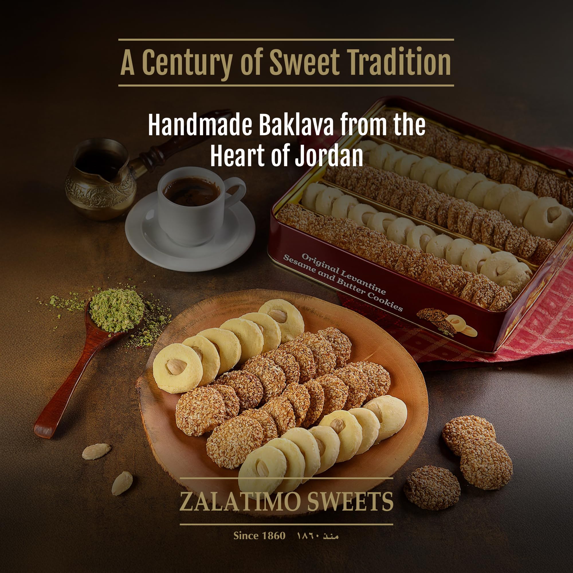 Zalatimo Sweets Since 1860, 100% All Natural Assorted Mamoul Shortbread Cookies, Square Metal Gift Tin, Slightly Sweet Cookies, Pistachio, Walnuts