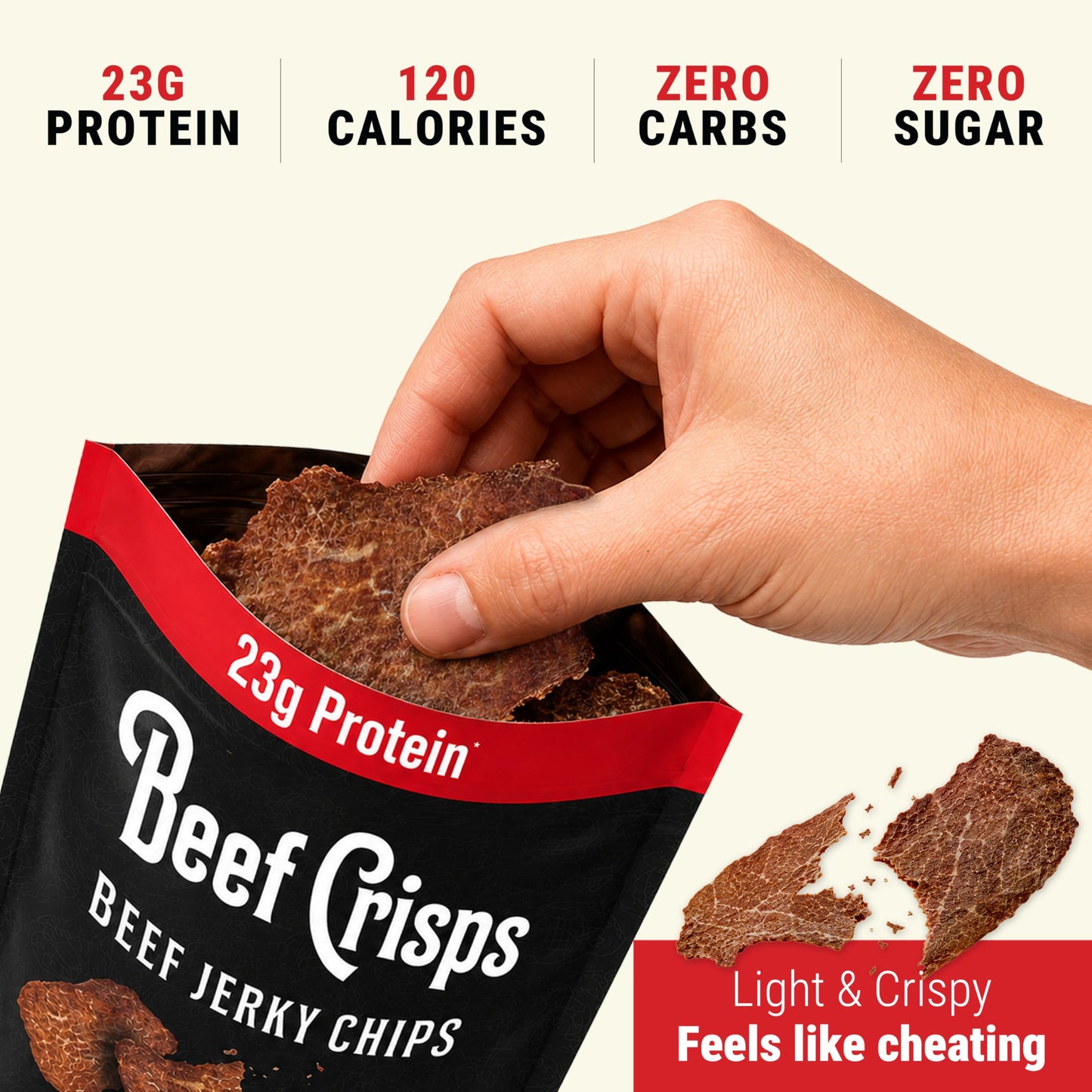 Beef Crisps by Bingeworthy Snacks - High Protein Crispy Beef Chips, 23g Protein per Bag, 120 Calories, Only 2 Ingredients (Beef & Salt), Keto Paleo