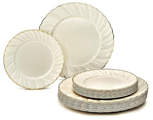 OCCASIONS 50 Piece Disposable Plastic Plates Set for 25 Guests - Heavy Duty 10.25" Dinner & 7.5" Dessert Plates, Elegant Party Plates for Wedding