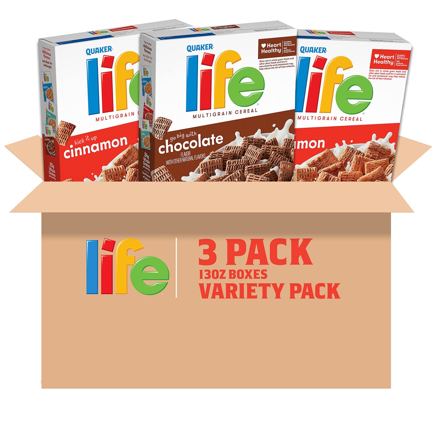 Quaker Life Breakfast Cereal, Chocolate Flavor and Cinnamon Variety Pack, 39.1 oz Boxes (3 Pack) (Packaging Graphics May Vary)