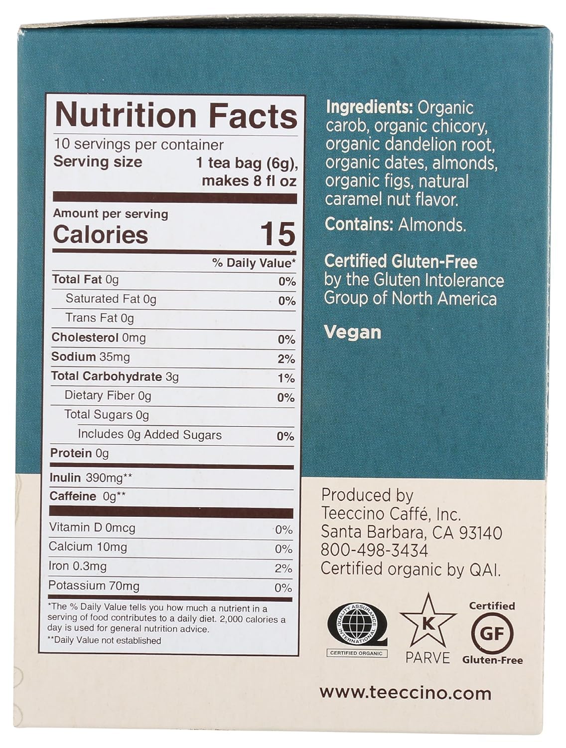 Teeccino Dandelion Caramel Nut Tea - Caffeine Free, Roasted Herbal Tea with Prebiotics, 3x More Herbs than Regular Tea Bags, Gluten Free - 10 Tea Bags