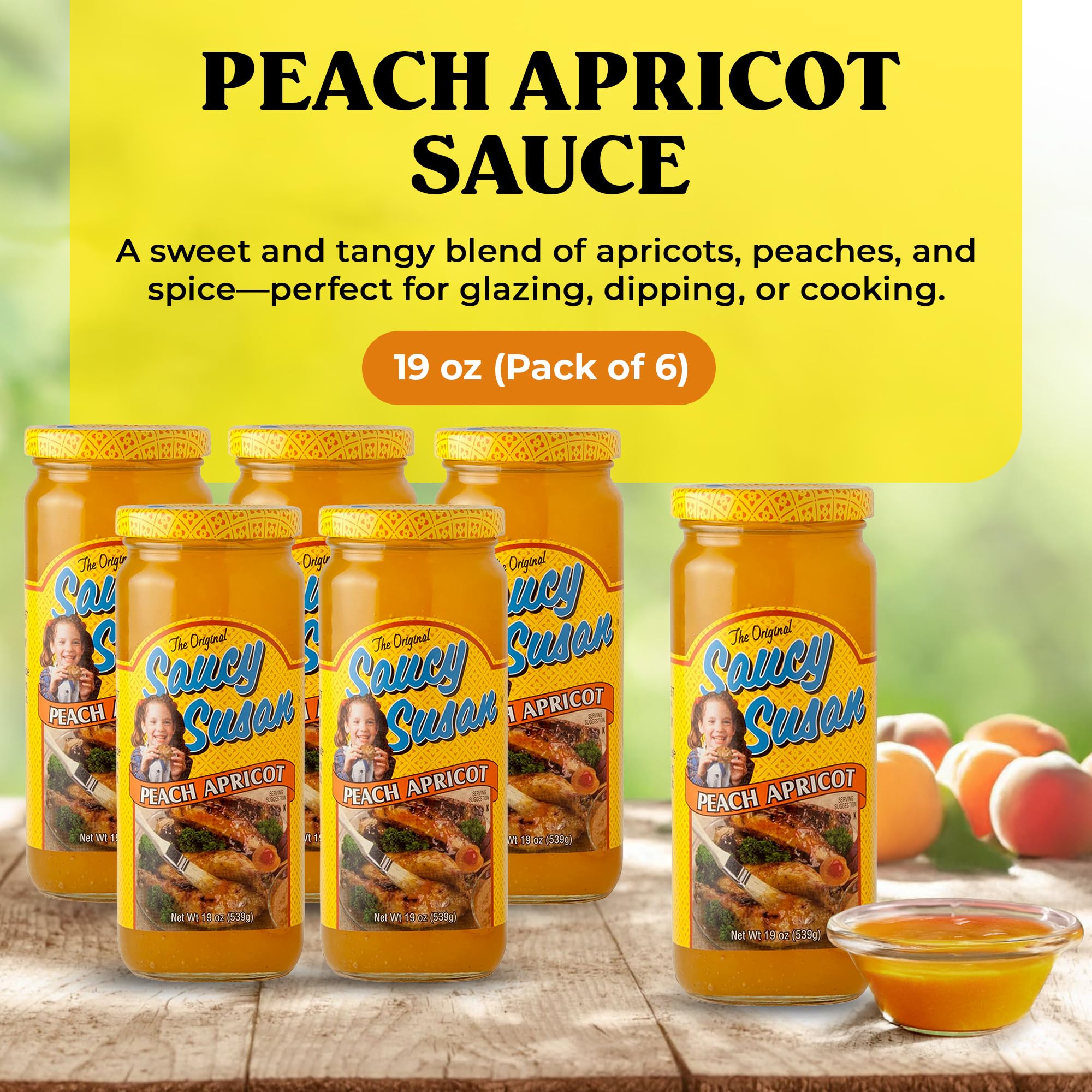 Saucy Susan Peach Apricot ORIGINAL Sauce - 6 Pack (6 × 19 oz Jars) - Sweet & tangy blend of apricots, peaches & spices; ideal for glazing, dipping