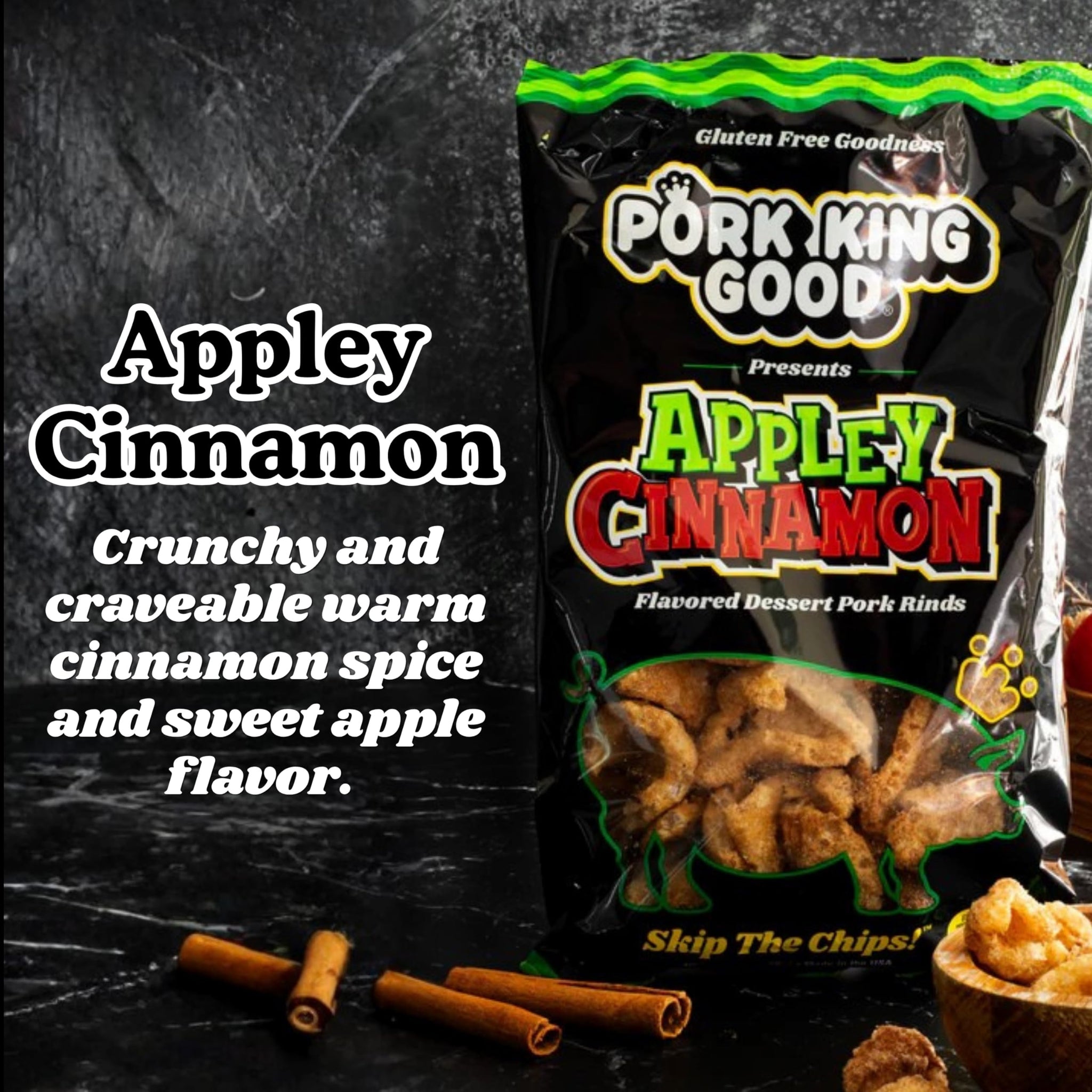 Pork King Good Appley Cinnamon 3 oz Dessert Flavored Pork Rinds - (4 Pack) Sweet and Salty, Gluten Free Snacks
