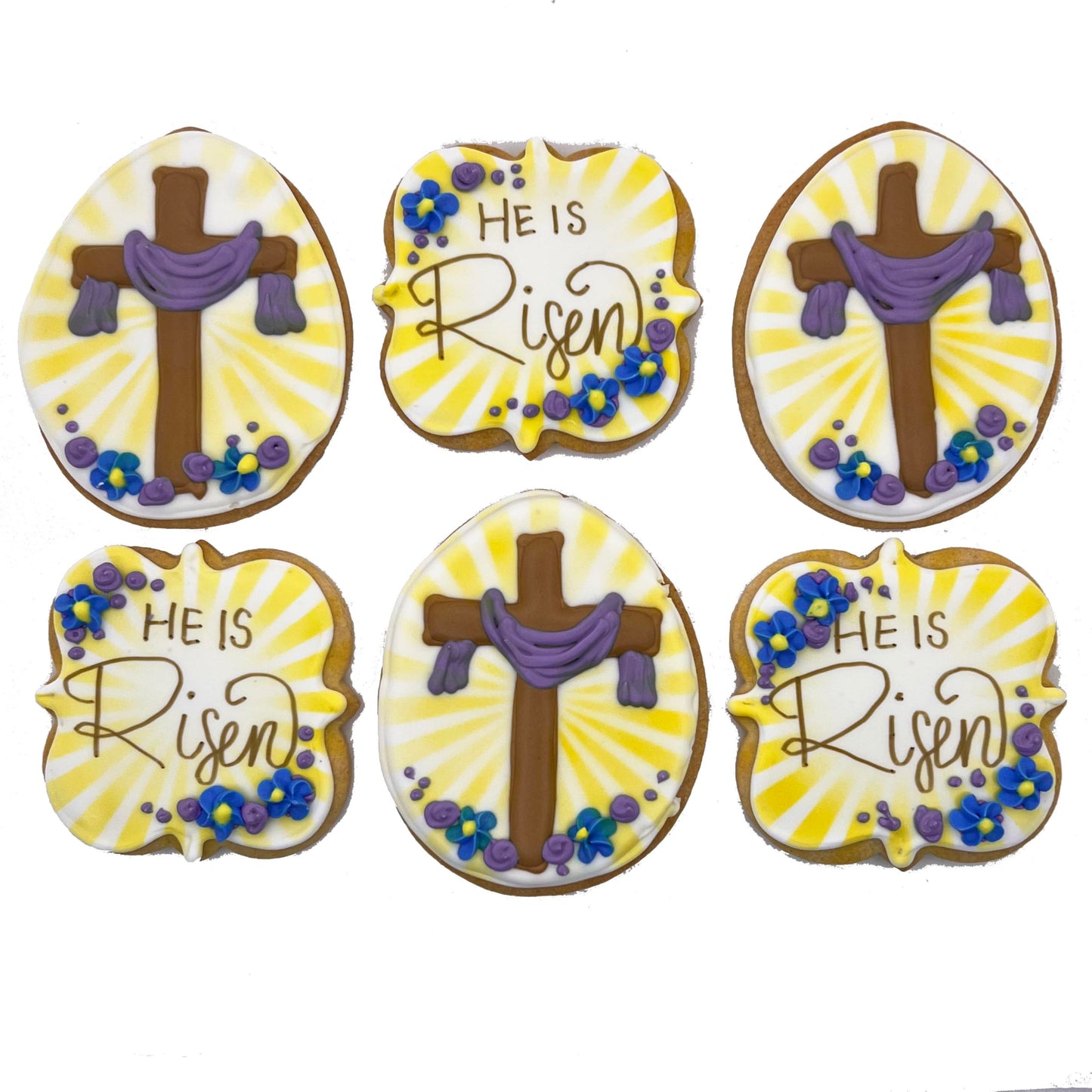 Easter Cross He Is Risen Cookies- 6 Decorated Crunchy Shortbread Cookies Individually Wrapped With Bow by BakersDozenToGo