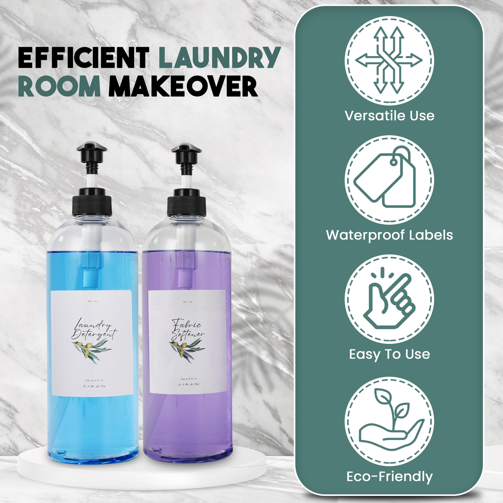 Lou & Rae Laundry Detergent Dispenser Set w/ 8 Waterproof Labels - 2 Pack 32oz PET Plastic Fabric Softener Dispenser - Liquid Laundry Detergent