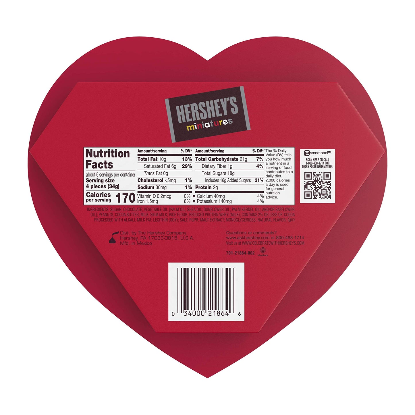 Hershey's, Chocolate Assortment Miniatures Candy Valentine's Heart Box, 6.4 Oz.