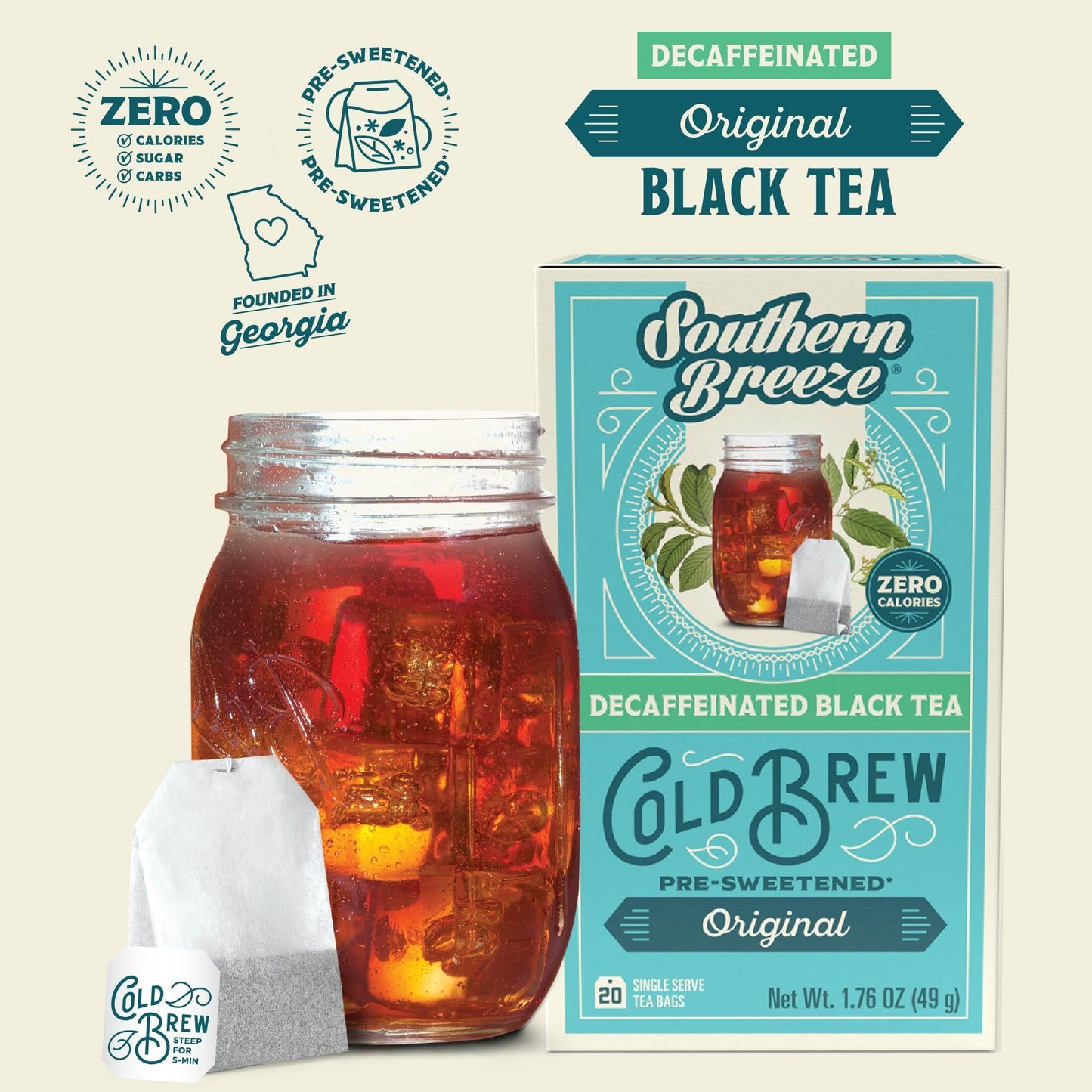 Southern Breeze Decaf Cold Brew Sweet Tea Original Iced Tea with Black Tea and Zero Carbs Zero Sugar, 20 Individually Wrapped Tea Bags, Pack of 4