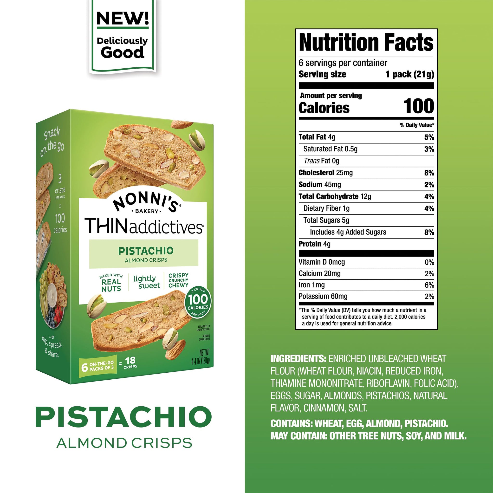 Nonni's THINaddictives Almond Thin Cookies, Pistachio Almond Biscotti, Sweet Crunchy & Chewy, Individually Wrapped, Kosher Snack, Perfect with Coffee