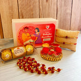 LoveNspire Raksha Bandhan Gift Hamper for Brother & Bhabhi - 2 Handmade Rakhi, Rudraksha Mala, Chocolates Pack, Greeting Card, Haldi Kumkum Holder
