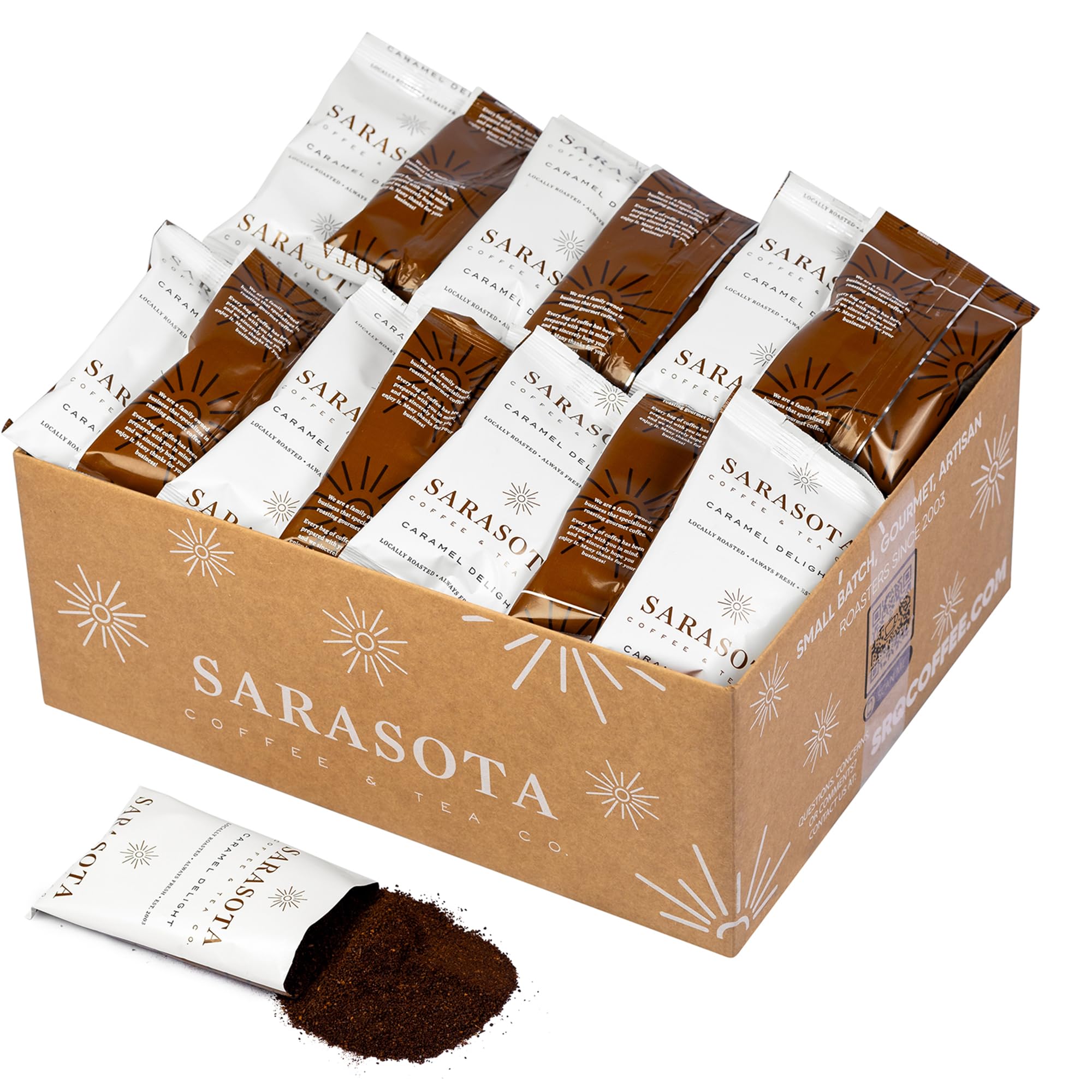 Salted Caramel Coffee Packs - Flavored Medium Roast | 2.5oz Pre-Measured Ground Packets for 12-Cup Brewer | Low Acid Mold-Free Gourmet Pouches | 36