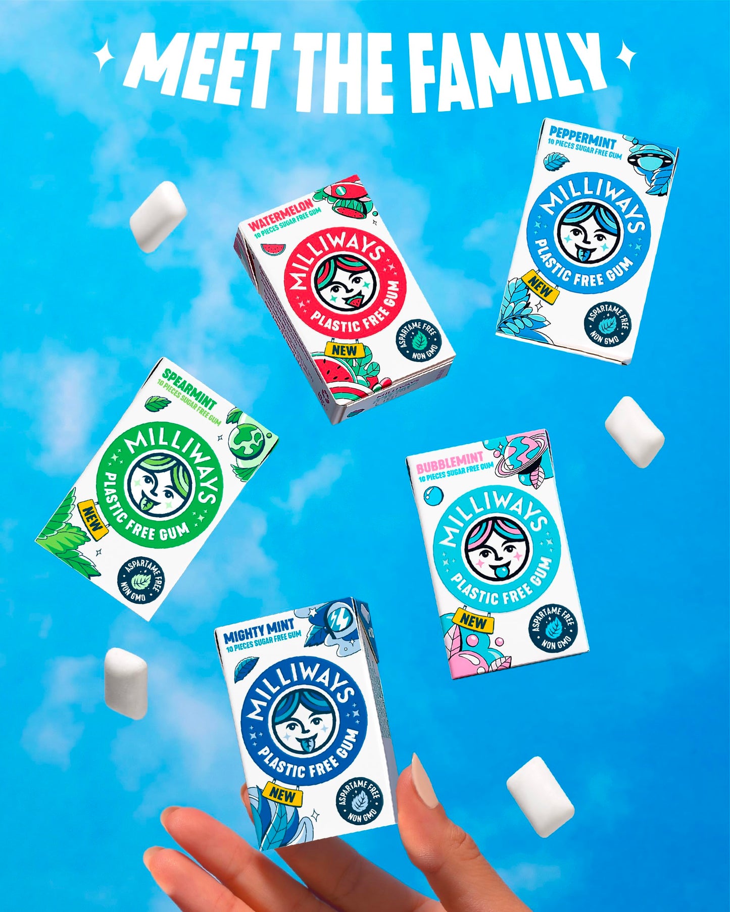 Milliways Watermelon | Plastic Free Gum | Xylitol, Aspartame-Free, Sugar-Free, Plant-Based, Natural Chewing Gum | 120 Pieces Total (12 Packs of 10