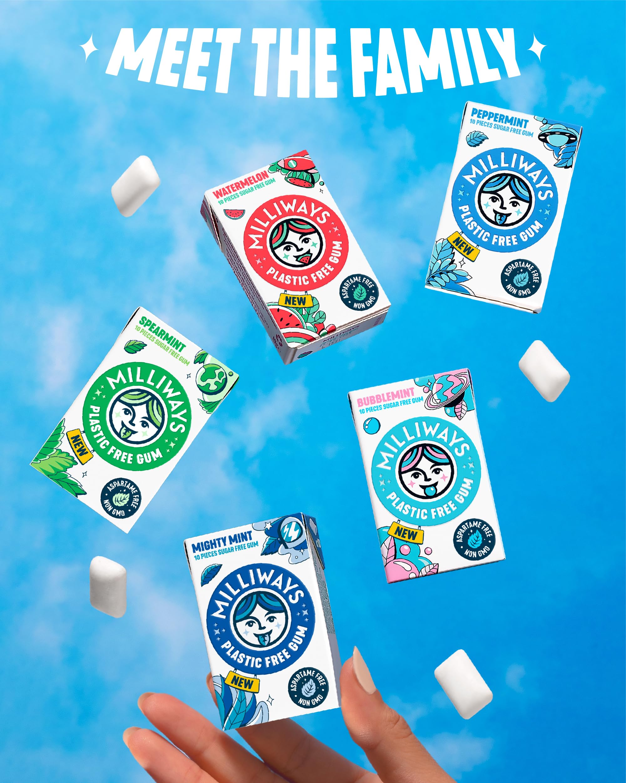 Milliways Watermelon | Plastic Free Gum | Xylitol, Aspartame-Free, Sugar-Free, Plant-Based, Natural Chewing Gum | 120 Pieces Total (12 Packs of 10