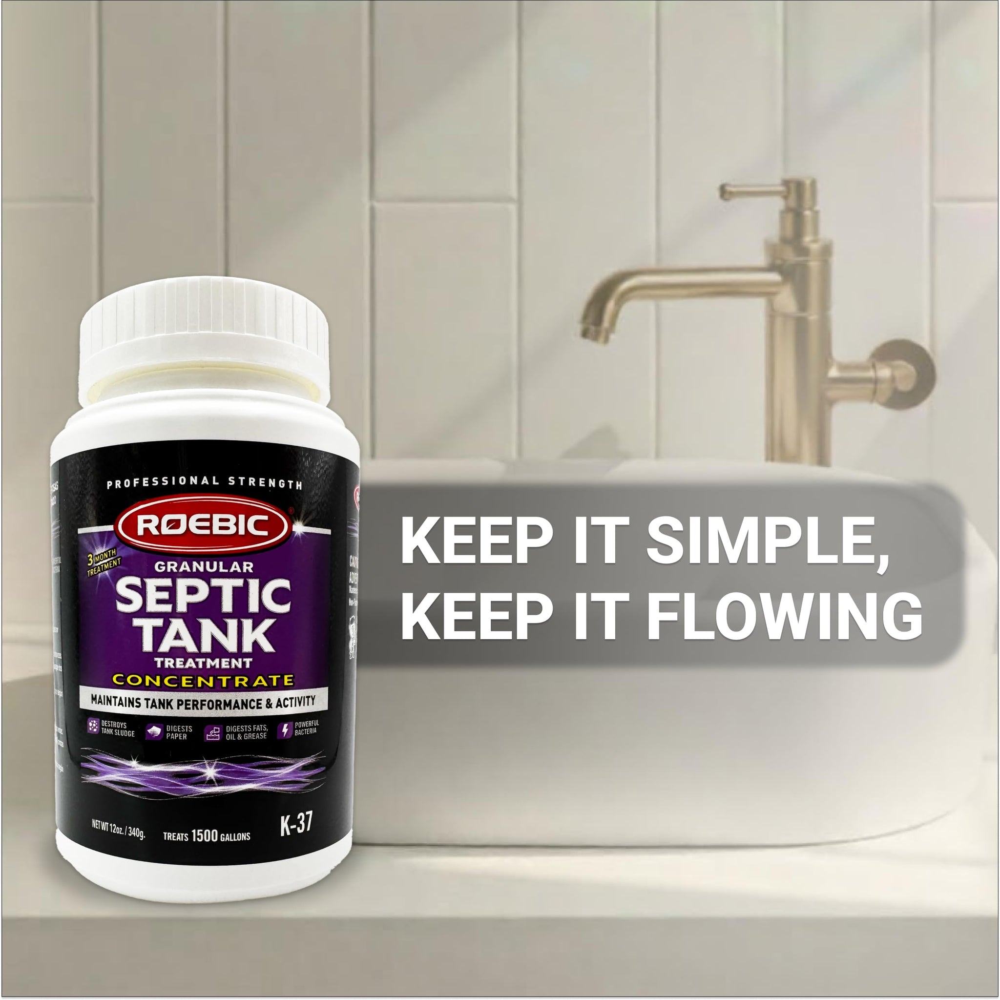 Roebic K-37 Granular Septic Tank Treatment, Bacterial Enzyme Formula for Clog Prevention, Odor Control, Safe for Bathroom, Toilet, Treats 1500