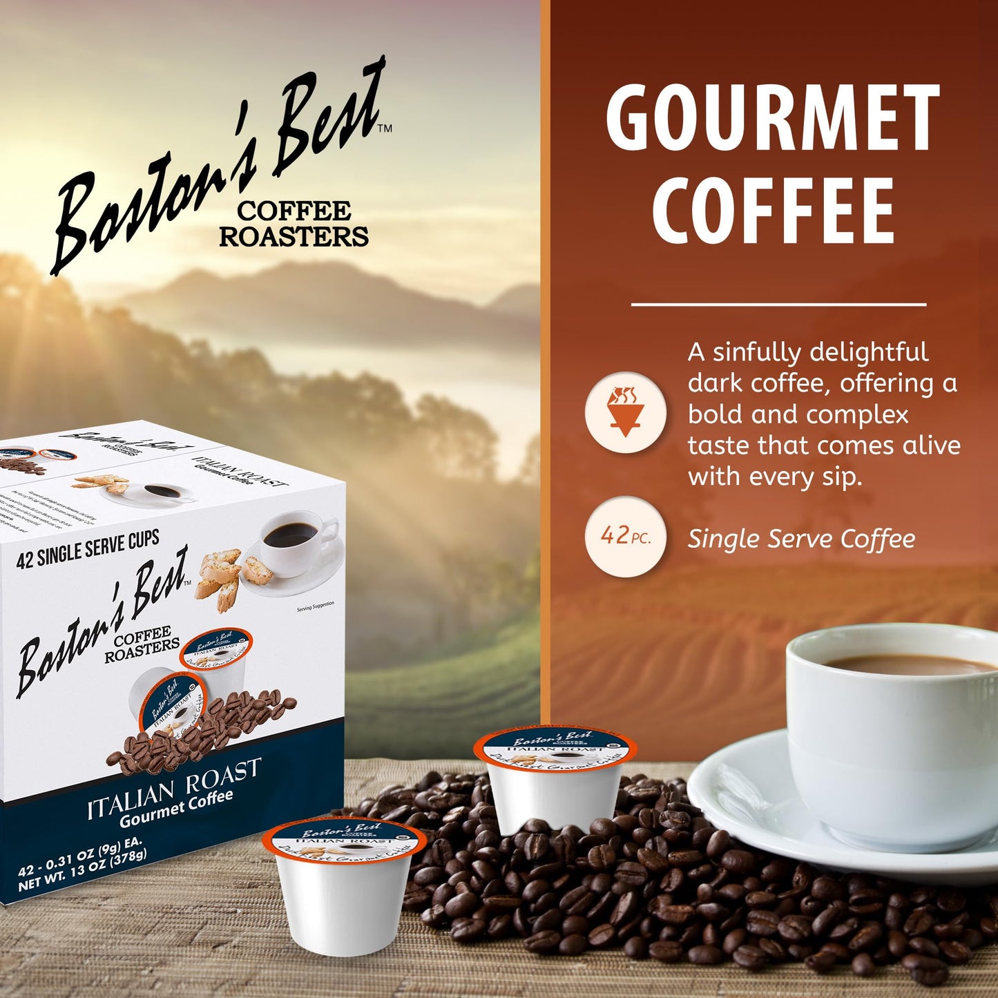 Boston’s Best - Italian Roast, Deliciously Bold Dark Roast Gourmet Coffee Compatible with Keurig Coffee Maker, 1 Count (42 Single Serve Cups)