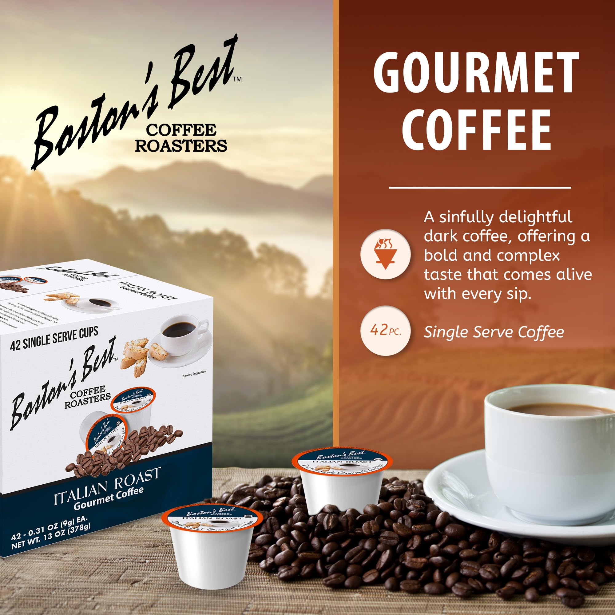 Boston’s Best - Italian Roast, Deliciously Bold Dark Roast Gourmet Coffee Compatible with Keurig Coffee Maker, 1 Count (42 Single Serve Cups)