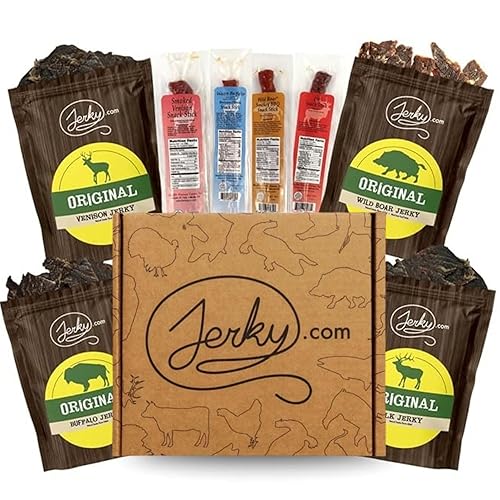 Jerky.com Exotic Jerky Gift Box | 8pc Wild Game Exotic Jerky Variety Pack with Venison, Elk, Wild Boar, & Buffalo | High Protein, Low Fat, Keto Exotic