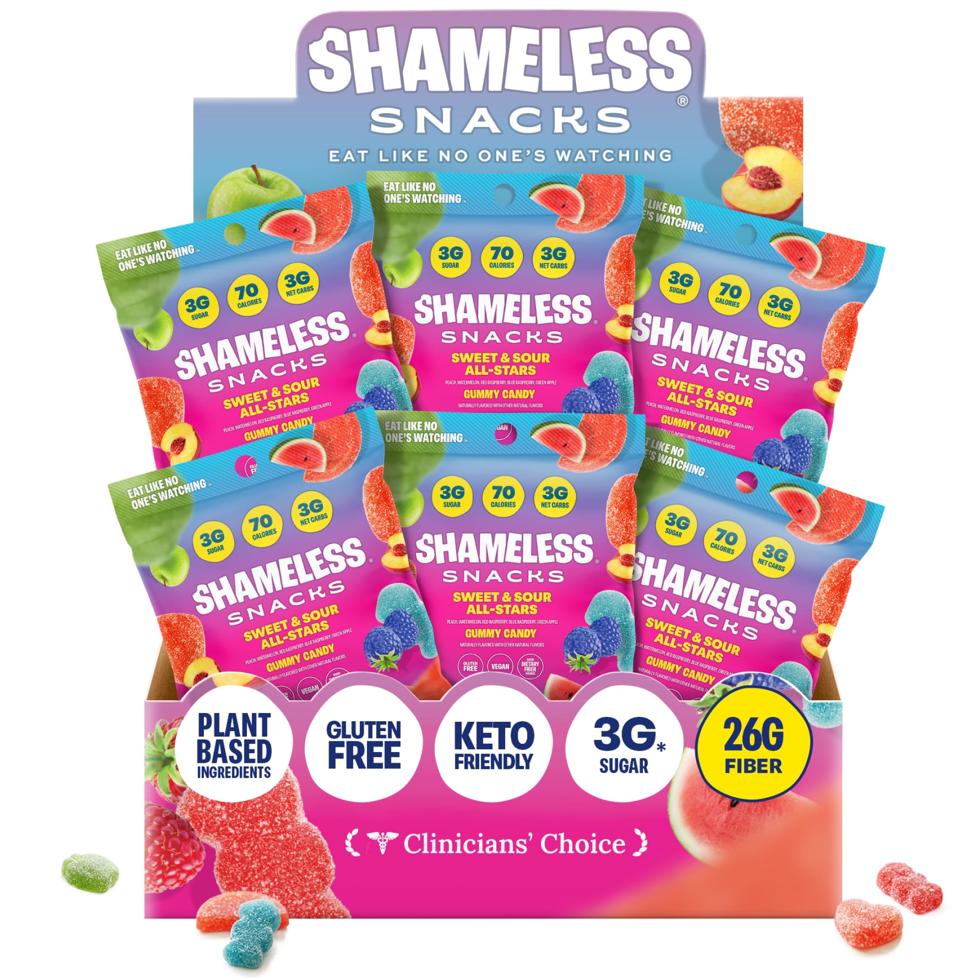 Shameless Snacks Sweet & Sour All-Stars Mixed Bag - Sour Candy & Fruit Snacks, 5 Flavors Per Bag Gummy Candy, Keto Snacks 3g Sugar Gluten Free Vegan